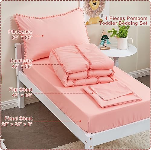 Miniatura 7 de DECMAY Juego de edredón rosa coral para niñas, juego de ropa de cama de cuna rosa bebé con 6 flecos de pompones, edredón bohemio rosa con sábana