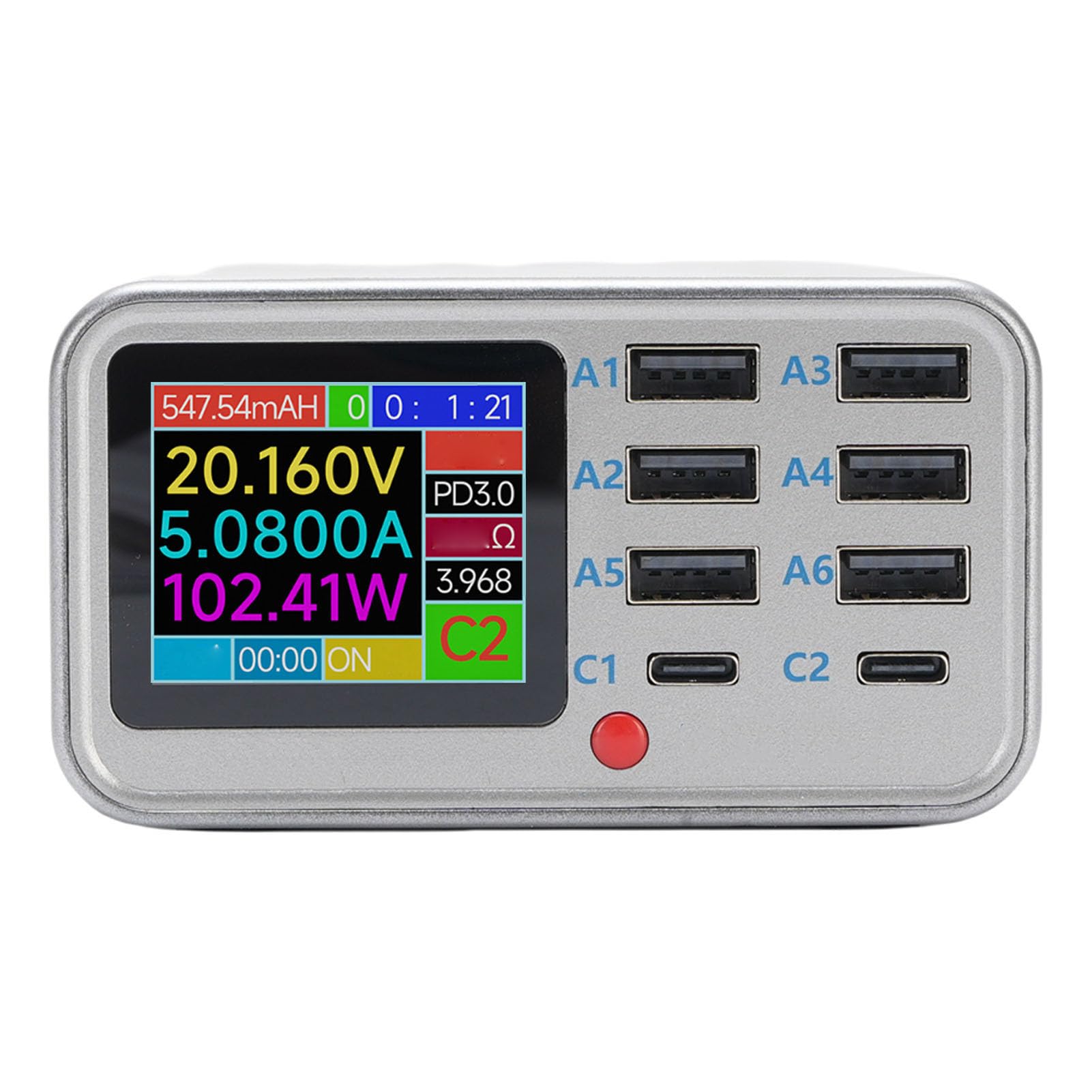 Zunate Stacja ładowania USB 100 W, 8 Portowych urządzeń Szybka ładowarki z QC3.0 PD Szybkie ładowanie Bezprzewodowe i Wyświetlacz na Ekranie, Tablety Smartfonów (wtyczka UE)