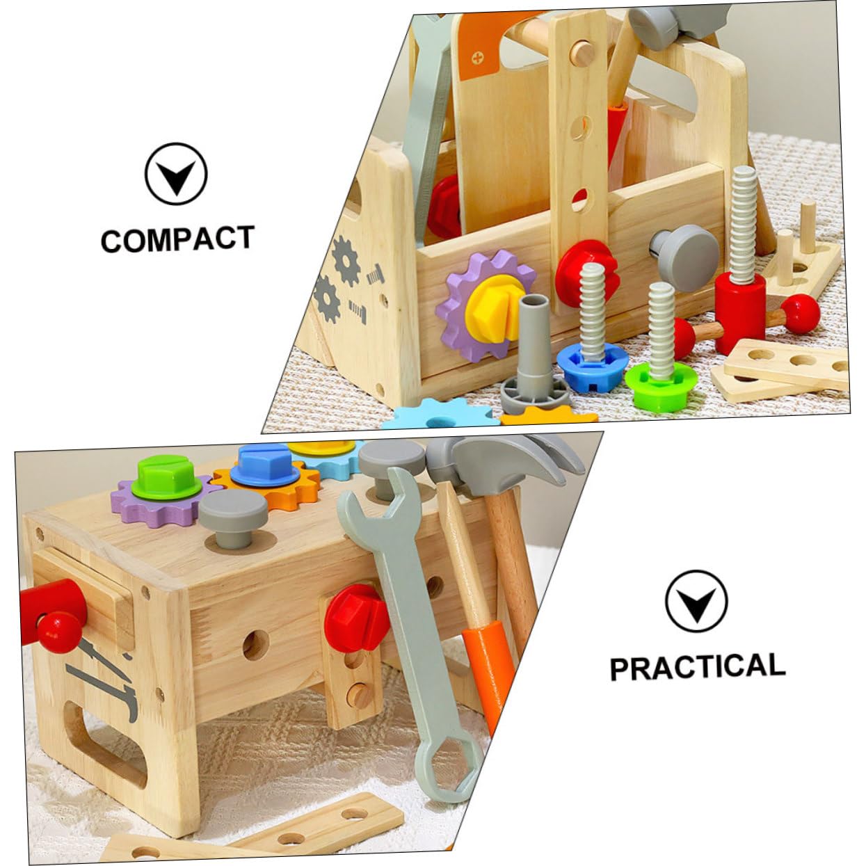 VICASKY Set di Strumenti in Legno per Bambini Superficie Liscia, Valigetta Portatile Martello e Cacciavite, Gioco Educativo per Apprendimento Interattivo e Gioco di Finzione