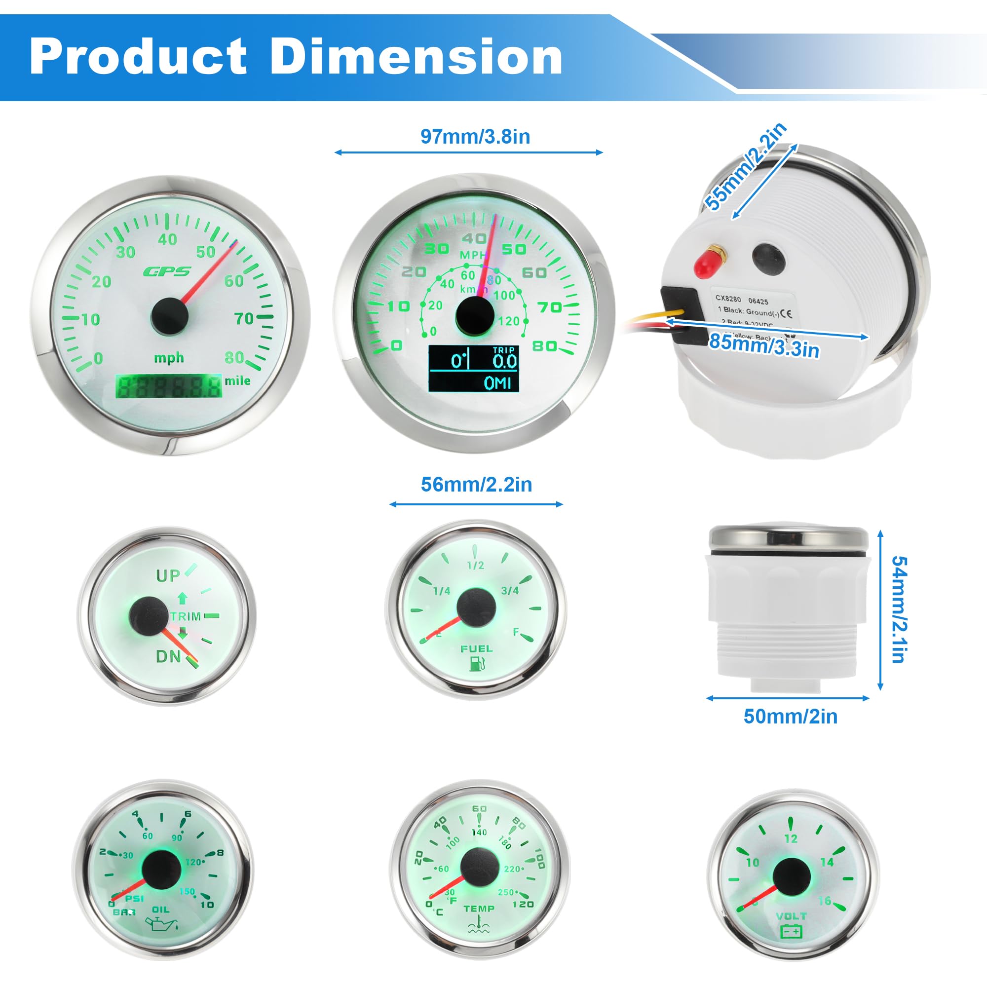 Motoforti 7 Juego 3-3/8" 85mm GPS Velocímetro Tacómetro, 2-1/16" 52mm Aceite Presión, Combustible Nivel, Agua Temperatura, Voltímetro Ajuste Impermeable Marino Barco Indicadores Kit Blanco