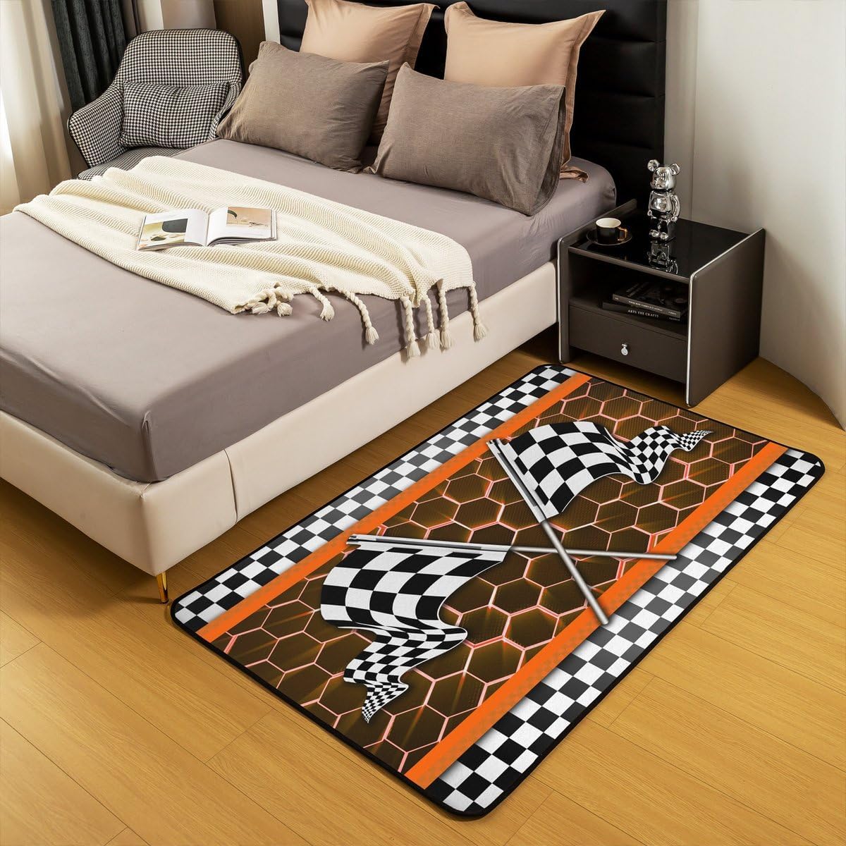 Castle Fairy Boys Racing Car Area Rug 3'x5', Black White Race Flag Non Slip Rug for Kids Teen Boys Women Men,Orange Neon Lights Honeycomb Indoor Floor Mat for Dining Room Backyard Decor