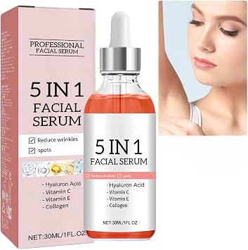 Finones Skin Vitamin Serum, 5 in 1 Anti Wrinkle Firming Facial Serum with Vitamin C, Niacinamide, Vitamin E & Collagen, Hydrating Brightening Dark Spot Remover for Face - All Skin Types 1PCS