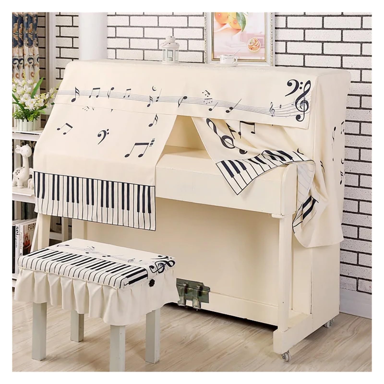 Copertura Per Pianoforte Copertura for pianoforte con animazione a cartoni animati, mezza copertura, antipolvere, moderna e semplice(Musical note,Cover double stool)