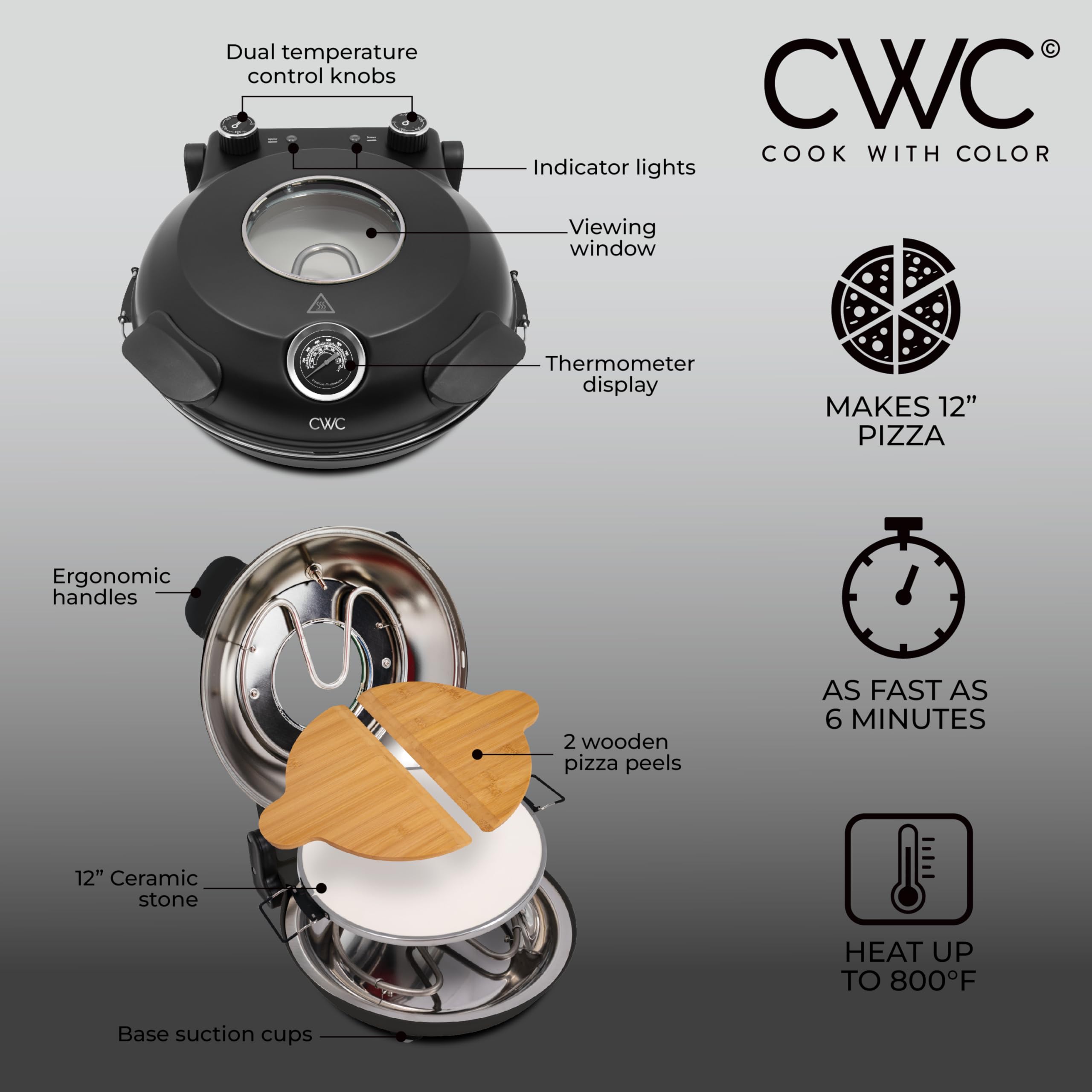 Cook With Color Electric Indoor Pizza Oven – Crispy Crust Countertop Pizza Maker, Heats up to 800˚F, 12 Inch Ceramic Stone, Dual Temperature Control Knobs, Bamboo Peel Included, Black - Additional View