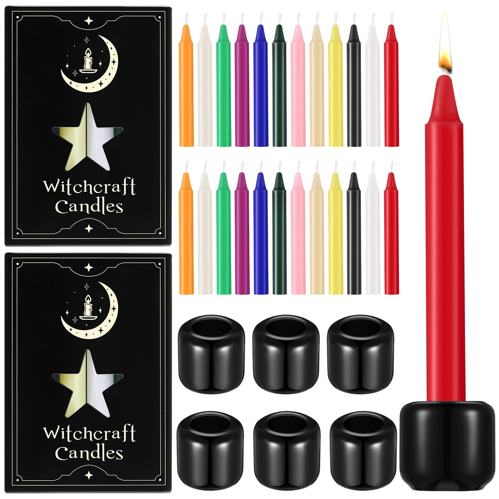 Baderke 24 Pack 4 Inch Mini Colored Taper Candles Sticks and 6 Spell Candle Holders for Witchcraft Spell Candles for Rituals, Birthdays, Meditation, Altar, Spells