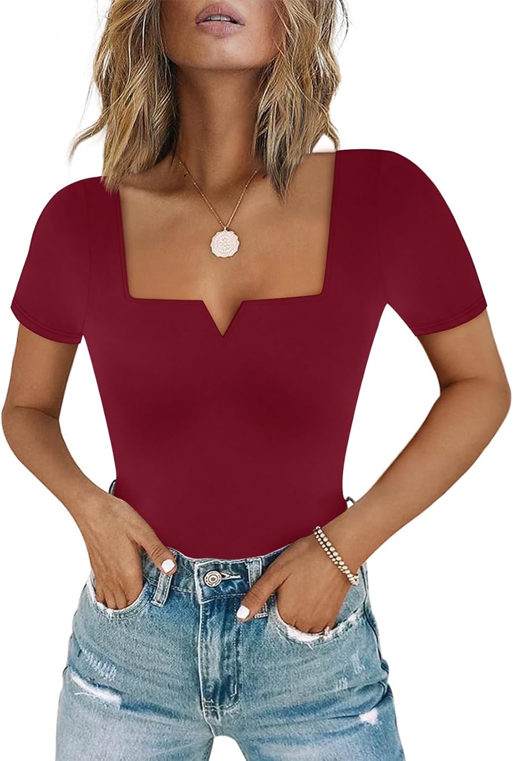 Chunpin Women's Long Sleeve Bodysuit Square Neck Notch V Neck Body Suits Double Lined Going Out Outfits Thong Bodysuits Medium C-wine Short Sleeve