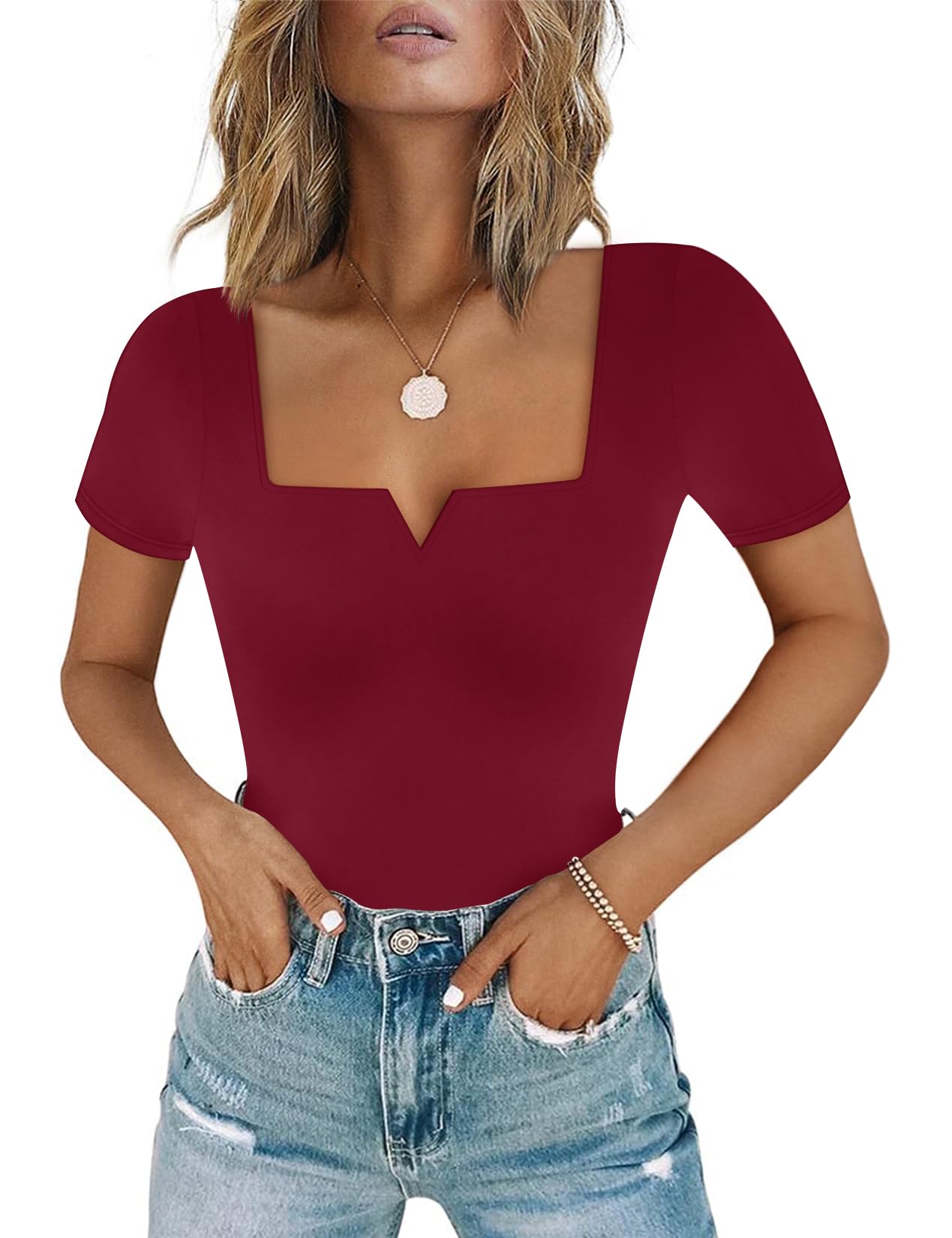 Chunpin Women's Long Sleeve Bodysuit Square Neck Notch V Neck Body Suits Double Lined Going Out Outfits Thong Bodysuits