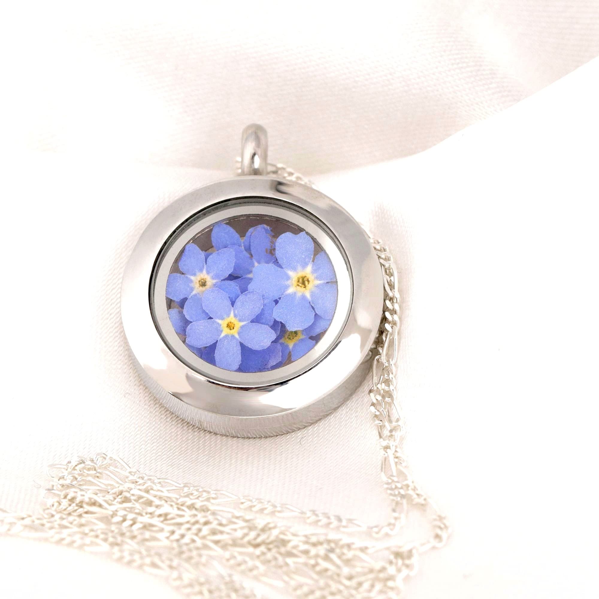 MadamLili 925 Sterling Silber Medaillonkette | Mit echten Vergissmeinnicht-Blüten | Andenken an Verstorbene | Geschenk für Frauen, Mama, Schwester & Beste Freundin | Erinnerungsschmuck