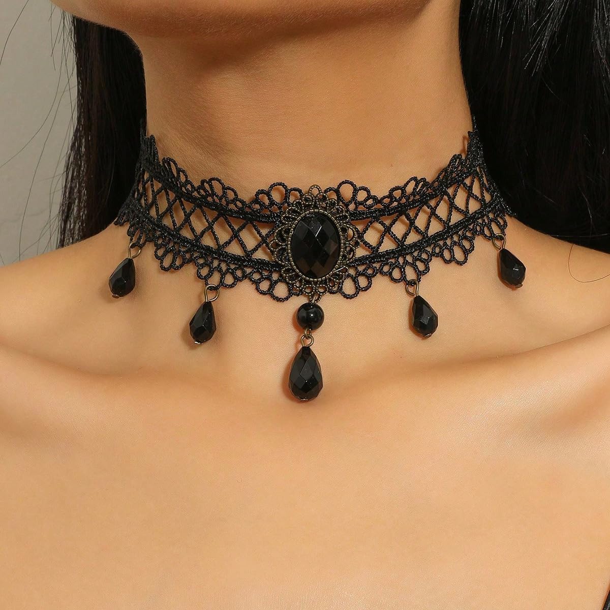 Gothic Lace Choker Necklace with Black Crystal Pendant Vintage Victorian Style Collar with Teardrop Beads Costume Statement Jewelry for Women - Image 2