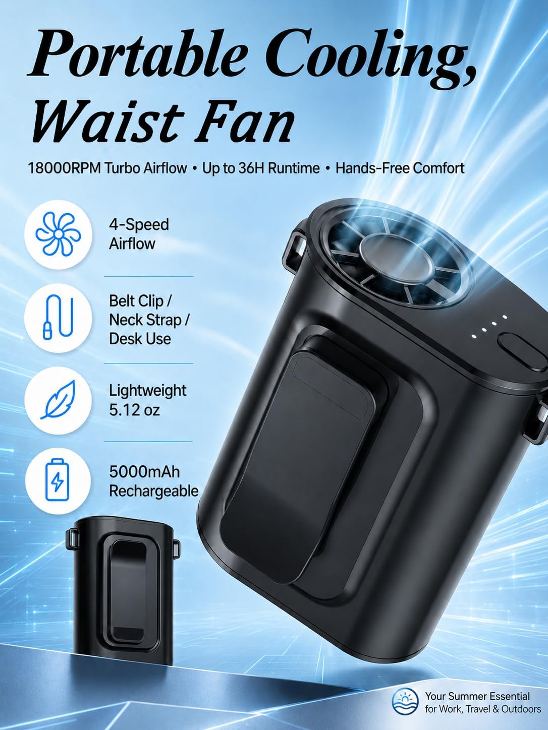 Waist Fan Portable Ultra Lightweight Design | Belt Clip on Fan for Shirt, Up to 36H Runtime, High Speed 18000RPM Strong Airflow, Neck Body Fan Camping Essentials