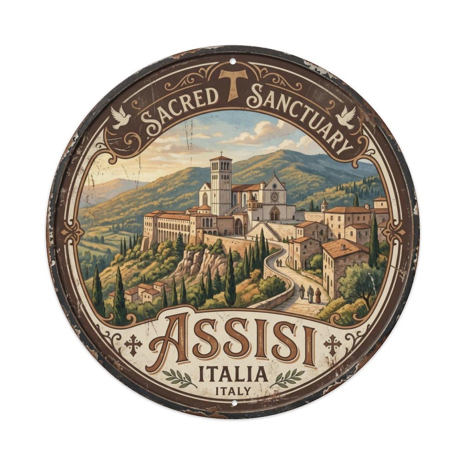 Vintage Travel Assisi Basilica Francis Metal Tin Sign Plaque Wall Decor for Cafe, Club Bar, Office, Home Garden Round Metal Poster 8x8Inch