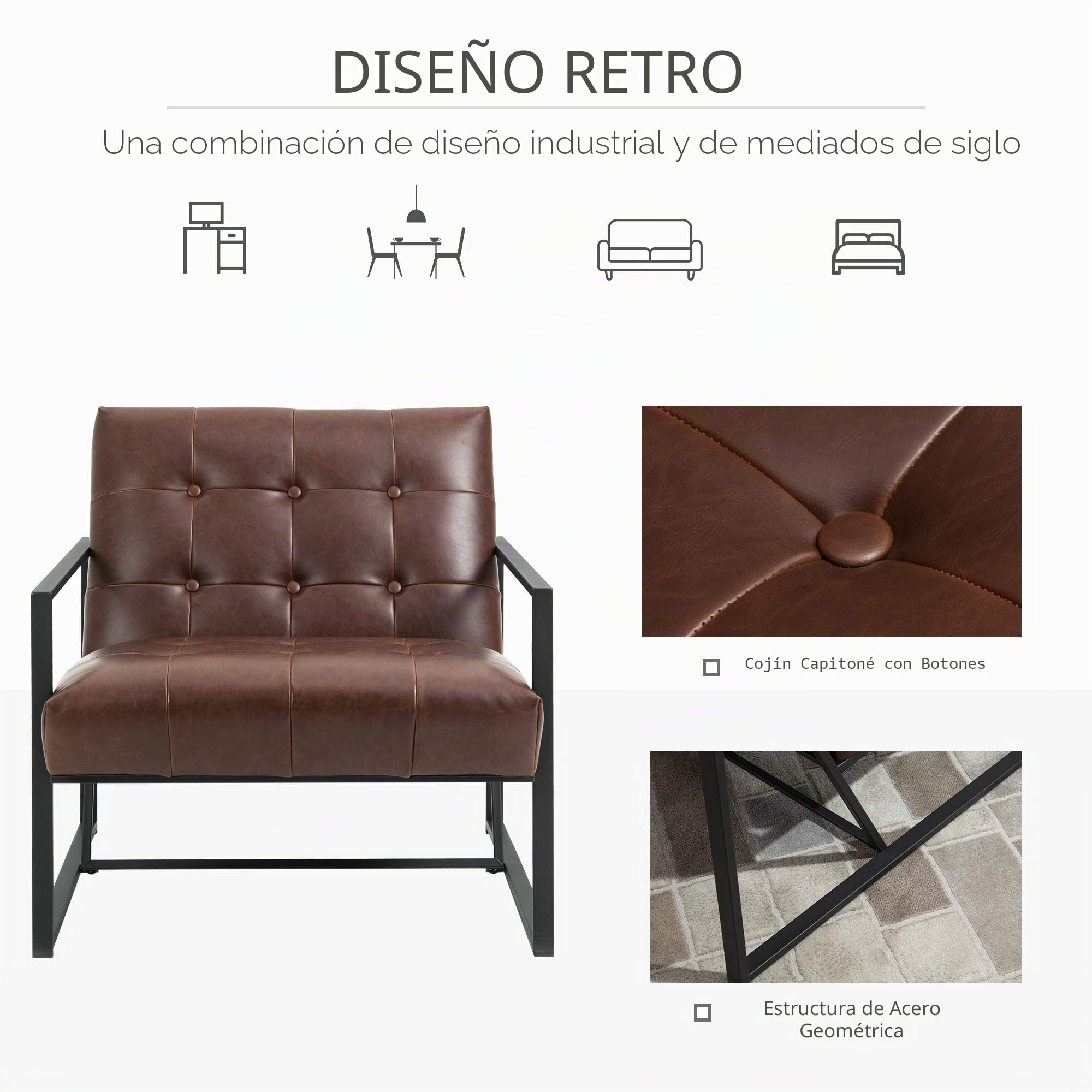 HomCom Sillón de Estilo Industrial Acolchado con Botones de Metal y PU marrón