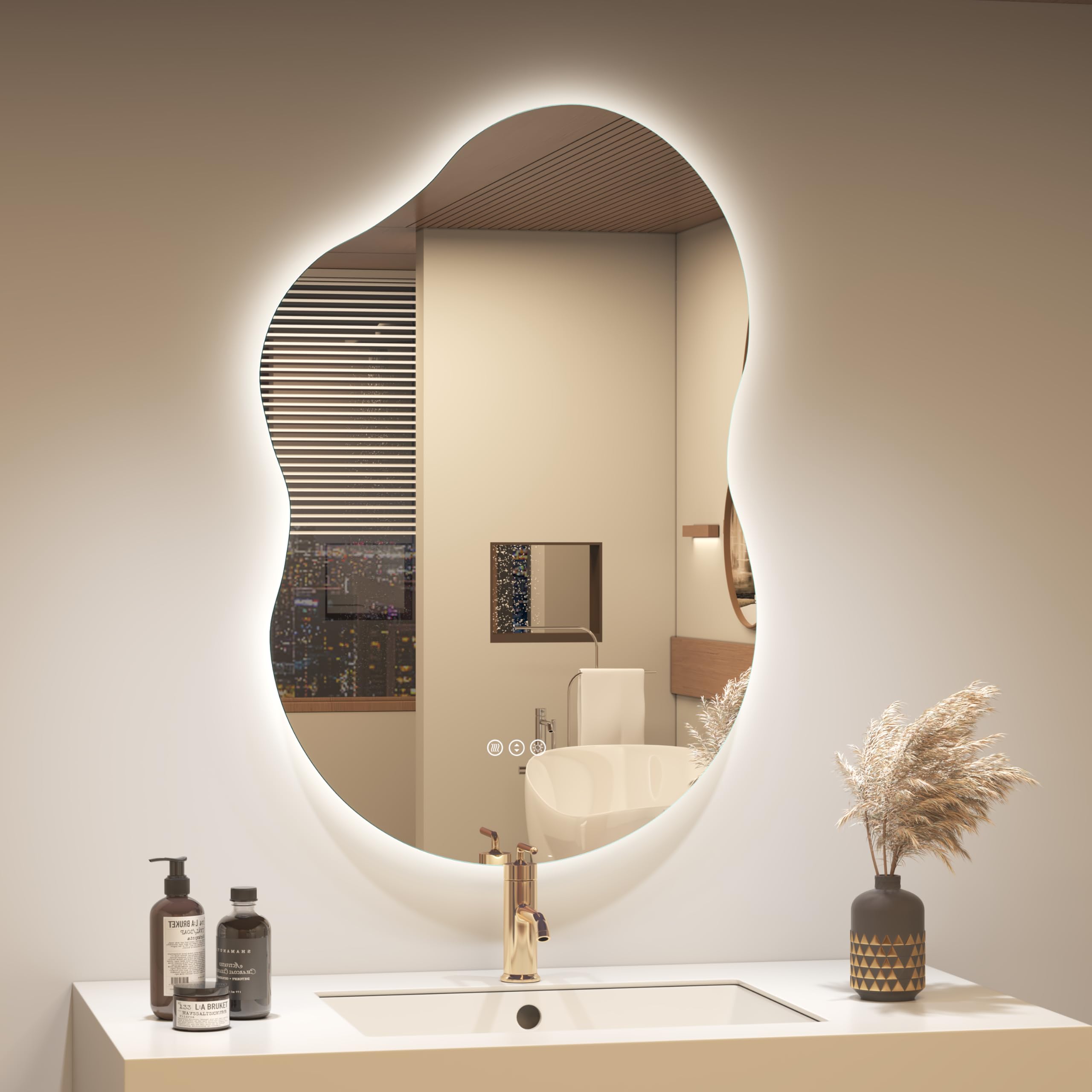 OKPAL Espejo retroiluminado irregular para pared de 24 x 36 pulgadas, espejo de baño asimétrico iluminado con luces, inastillable, antivaho, regulable, función de memoria (horizontal/vertical)