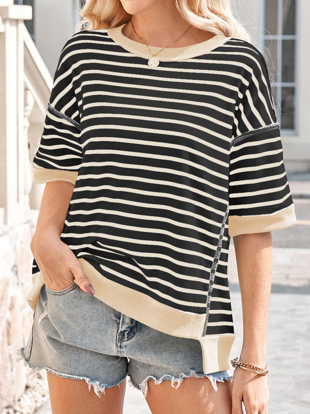 Poetsky damskie topy oversize na co dzień koszule w paski z krótkim rękawem lato okrągły dekolt pulower bluza luźne bluzki