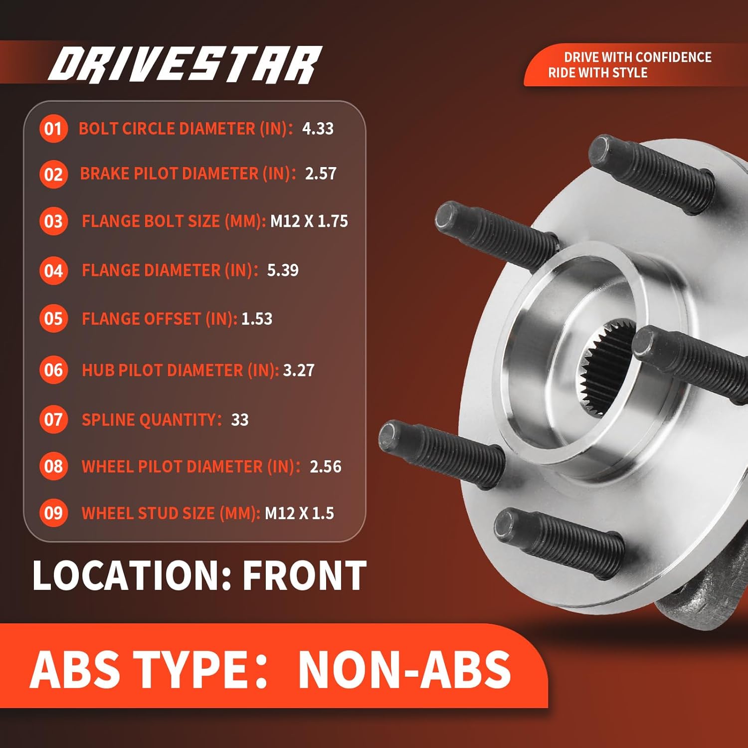 (Pair) DRIVESTAR 513237 Front Wheel Hub & Bearing Assembly Non-ABS for Chevrolet Cobalt 2006-2008 HHR, 5 Lugs w/o ABS