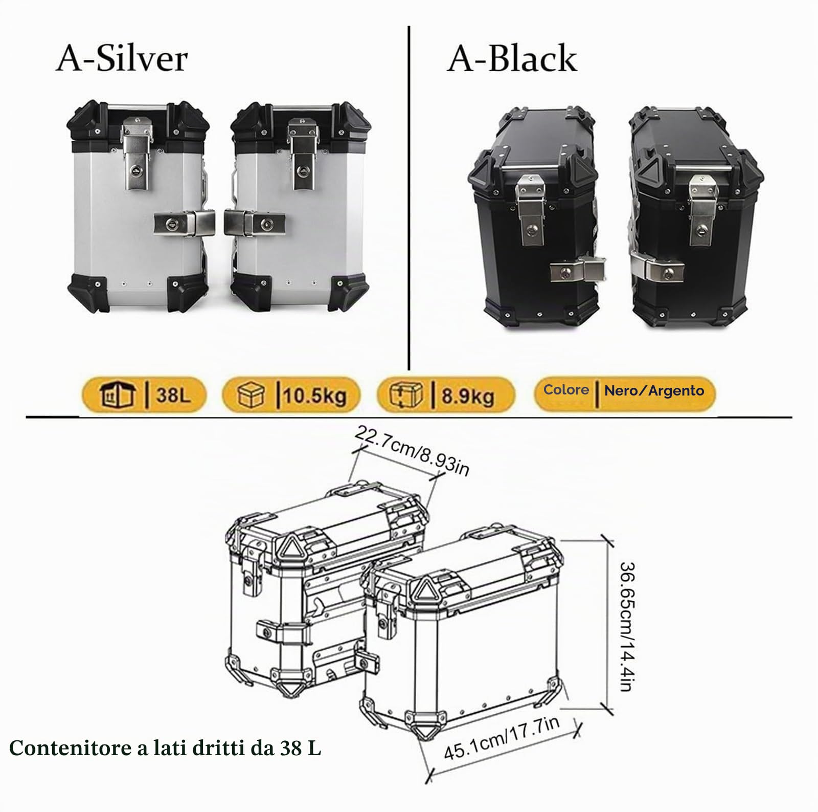 Dmmfmfterl 38L alluminio valigie laterali per motocicli coppia valigie laterali per motocicli valigia bagagli con supporto di montaggio e serrature di sicurezza impermeabili (nero, 45 x 36.6 x 22