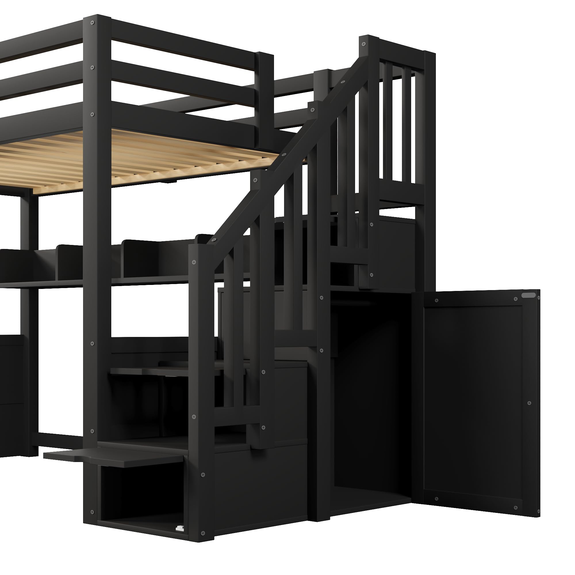 Zepneiy Letto Mezzanine in Legno 90x200 cm con Illuminazione a LED, Letto Mezzanine Singolo con Armadi, Spazio di Archiviazione e Scala di Archiviazione, Letto con Rete a Doghe, Nero (Materasso Non