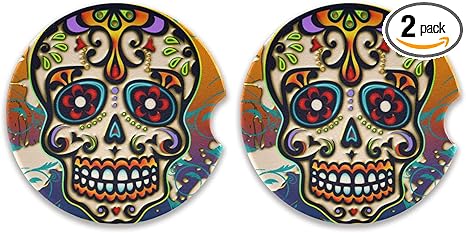 Car Coaster 2 Pack Day of The Dead Sugar Skull Car Coaster for Drinks Absorbent Ceramic Cup Holder Coaster for Men Women Removal Cute Car Accessories 2.56in