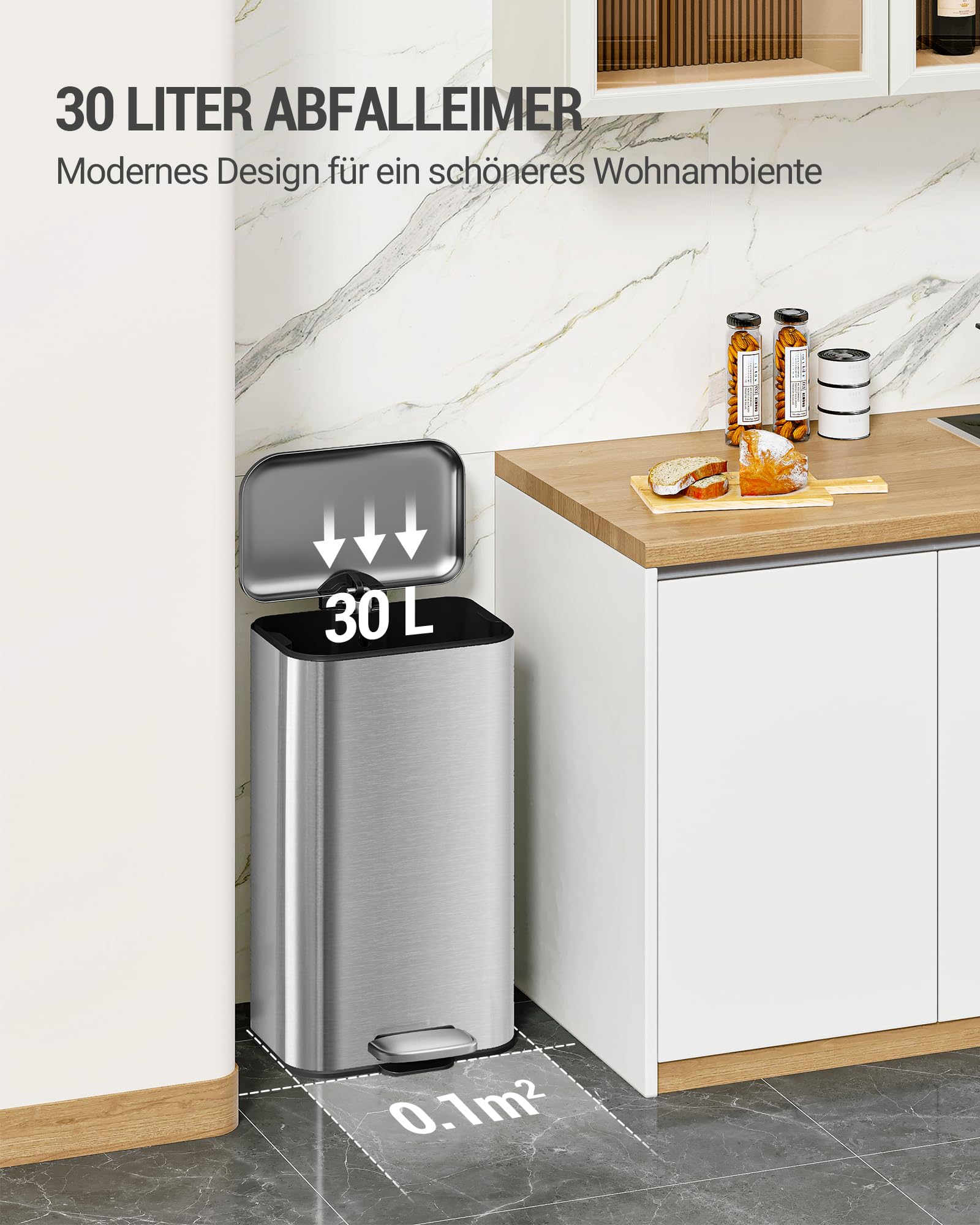 Hzuaneri Mülleimer Küche, 30L Abfalleimer mit Tretpedal, Tretmülleimer mit Softclose-Deckel und Inneneimer, Küchenmülleimer mit 15 Müllbeuteln, Stahl, Silber SW13099B