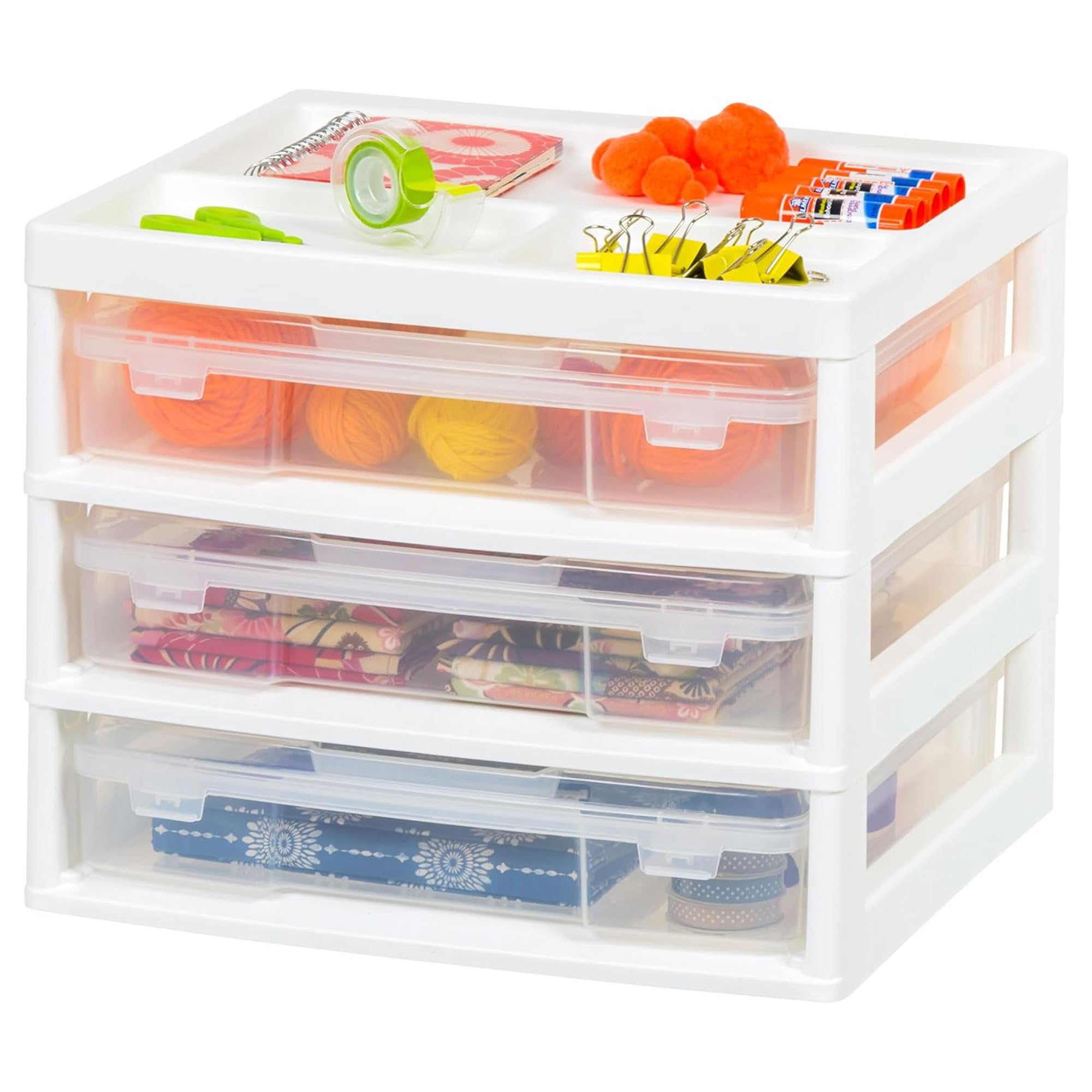 IRIS USA Fits 12" x 12" Paper, 3-Tier Desk Top Storage Unit with Organizer Top, for Office Art & Craft Supplies, Pens Pencils Sticky Notes Paper Clips, 3 Clear Cases w/ Built in Handle - White/Clear