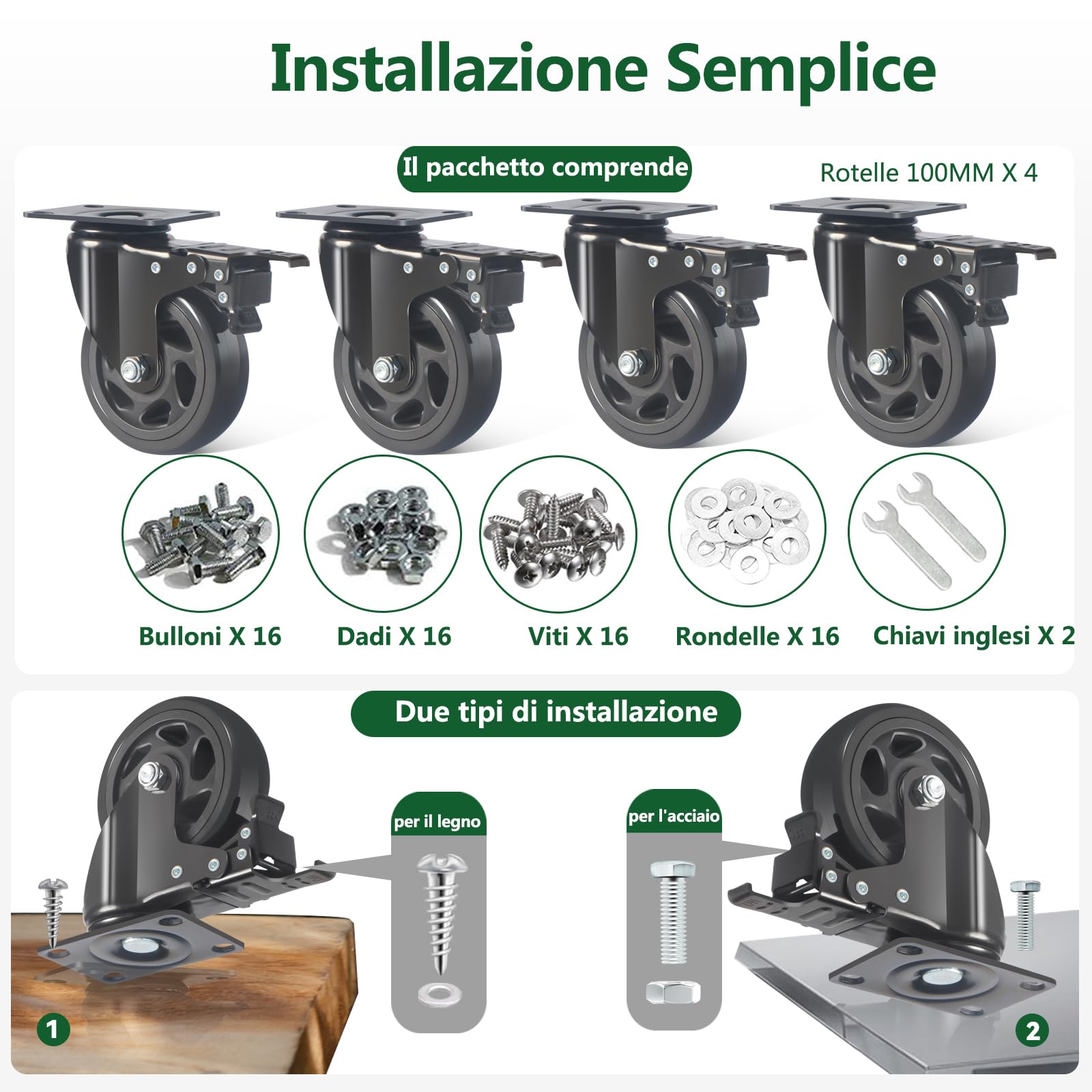 Ruote per Mobili Pesanti da 100MM, Ruote per Carrello con Freno Carico 600kg, Set di 4 Rotelle Girevoli per Mobili Rotanti a 360°, Ruota Pesanti Rotelle in PU Silenziose e Resistenti