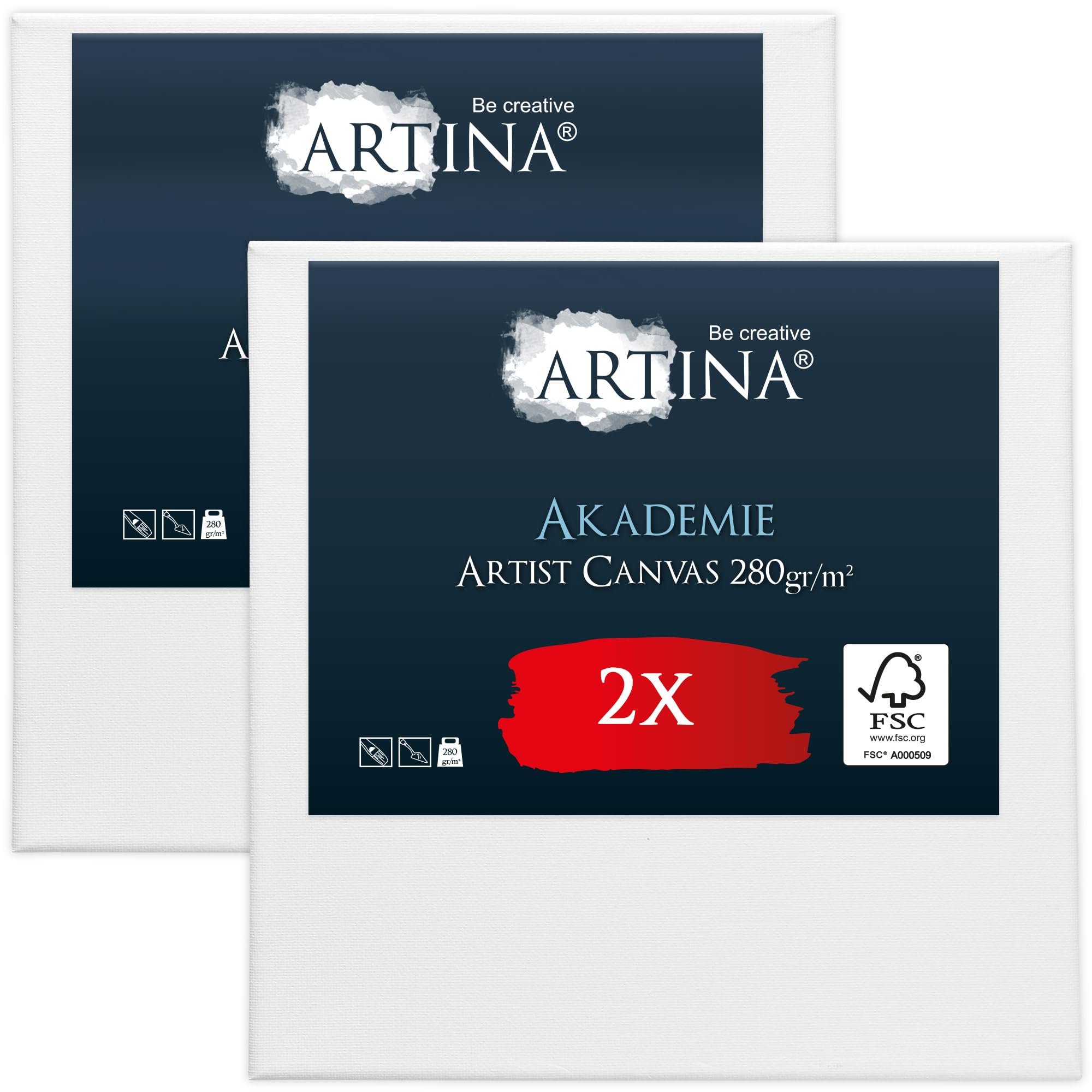 Artina FSC® Canvas for Painting 40x40 cm - 2pcs Blank Canvases for Art for Acrylic, Watercolour & Oil Painting - 100% Cotton Canvas Stretcher Frame 280 g/m² - Akademie