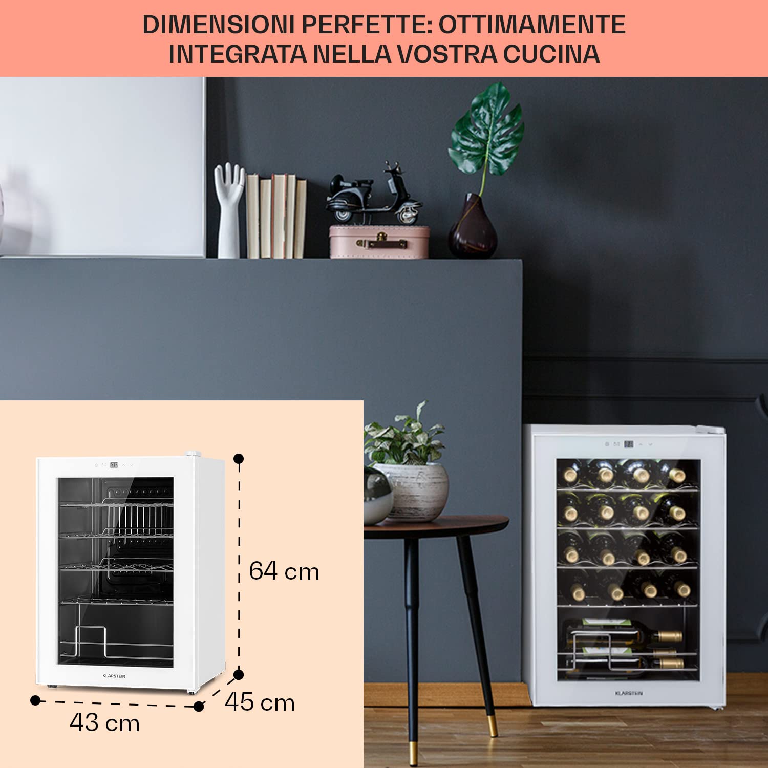 KLARSTEIN Cantinetta Vino Design, Cantinetta Vino Refrigerata a Zona Singola per Vino Rosso, Bianco e Birra, Controlli Touch, Frigo Vino Cantinetta per Esterno/Interno, 5-18°C, 53L, 20 Bottiglie
