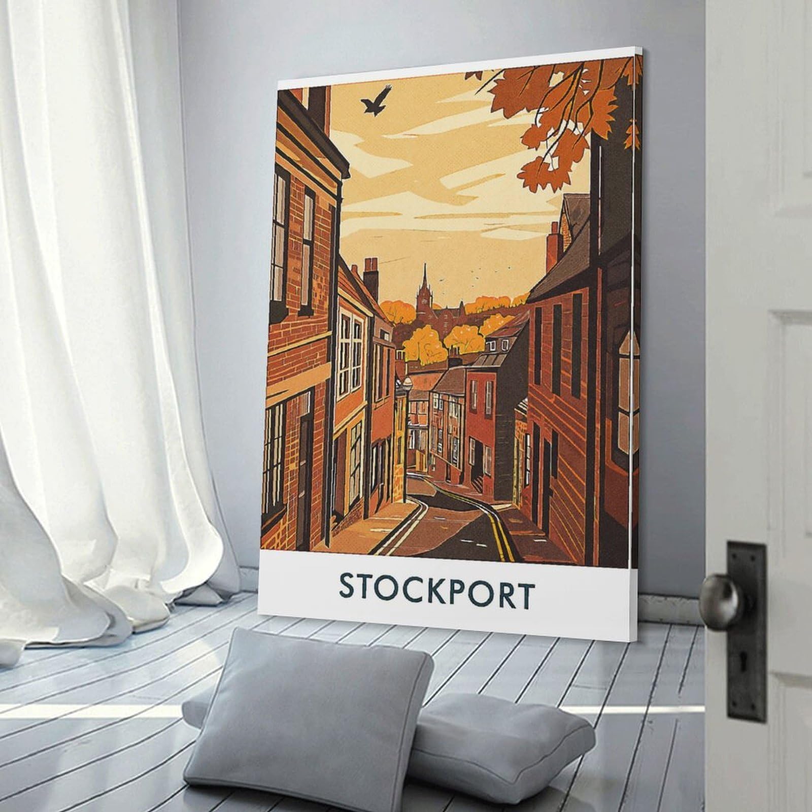 Junmoney Canvas Art Print Stockport Town Illustration, 24x36inch(60x90cm), for Office, Study Or Home Workspace, Home Office Artwork with Decorative Appeal