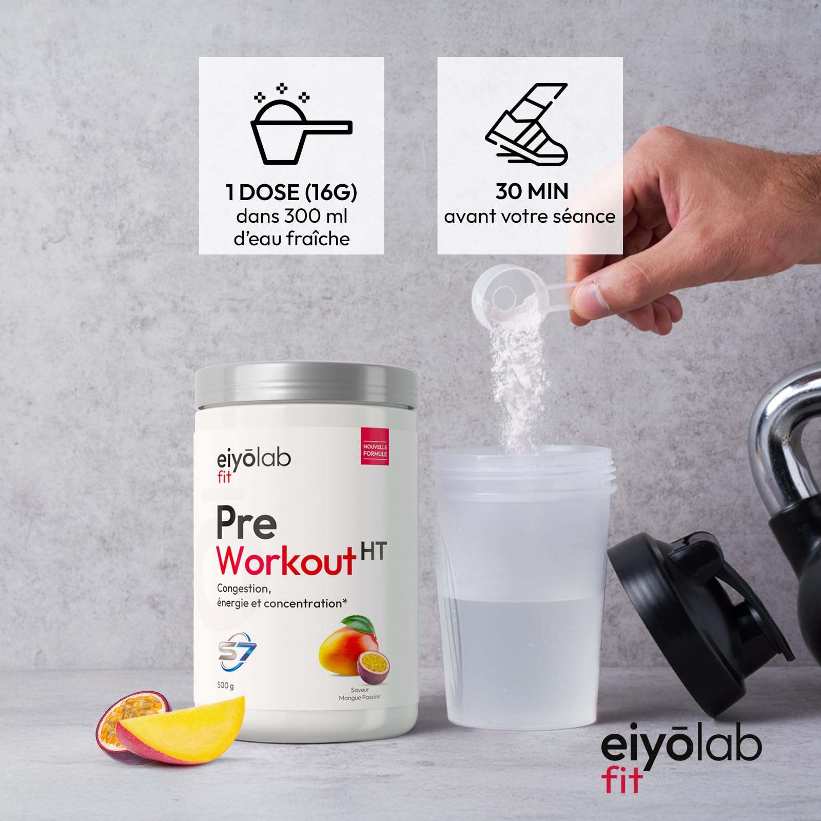PRE WORKOUT HT | Booster Musculation sans Créatine | 3g de Bêta-Alanine + 3g d'Arginine + 4g de Citrulline + 200mg de Caféine + S7 | Énergie + Congestion Musculaire | 500g | Mangue Passion | Eiyolab
