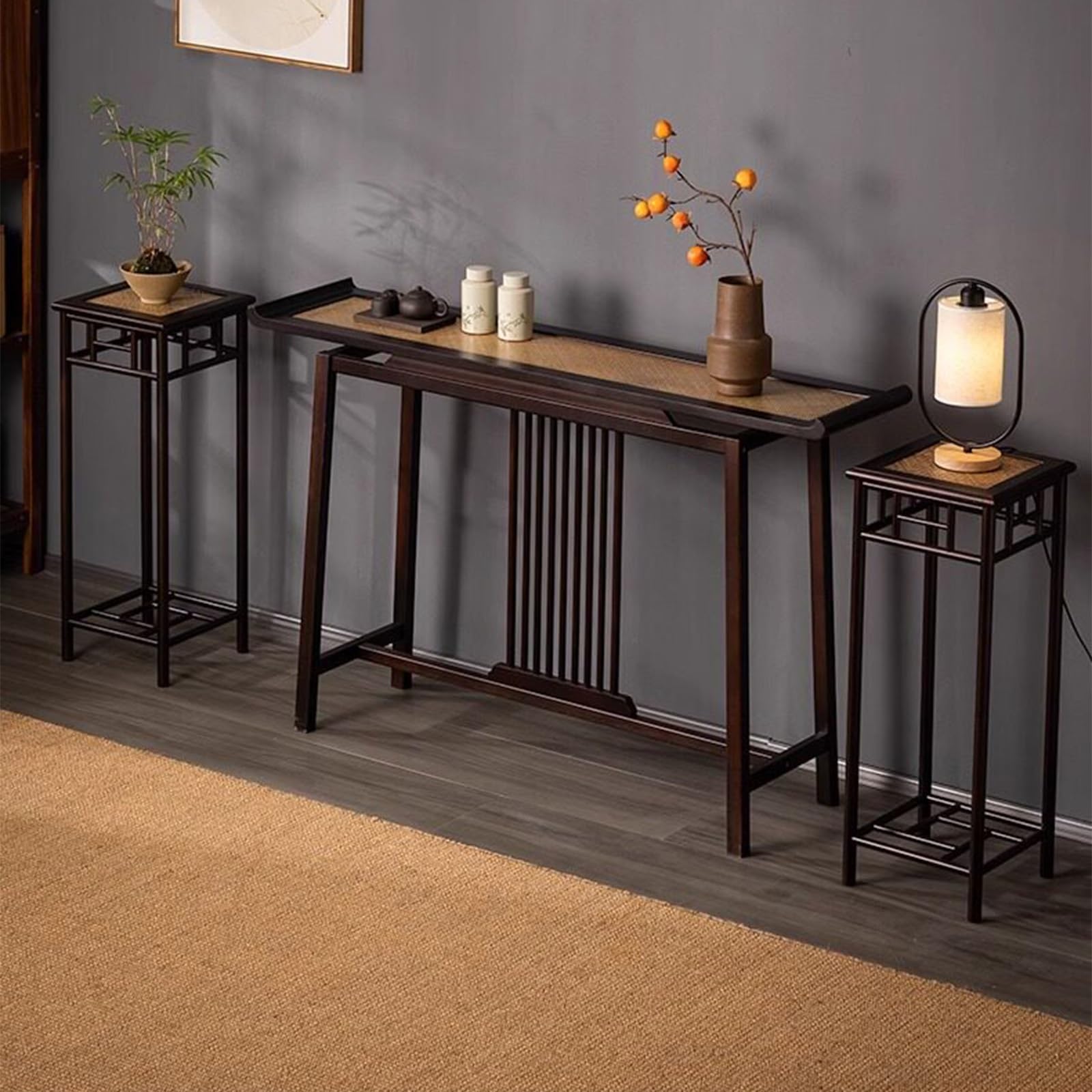 Tavolo consolle stretto – Tavolo da ingresso da 33 cm per corridoio, ingresso, atrio e soggiorno con superficie in rattan