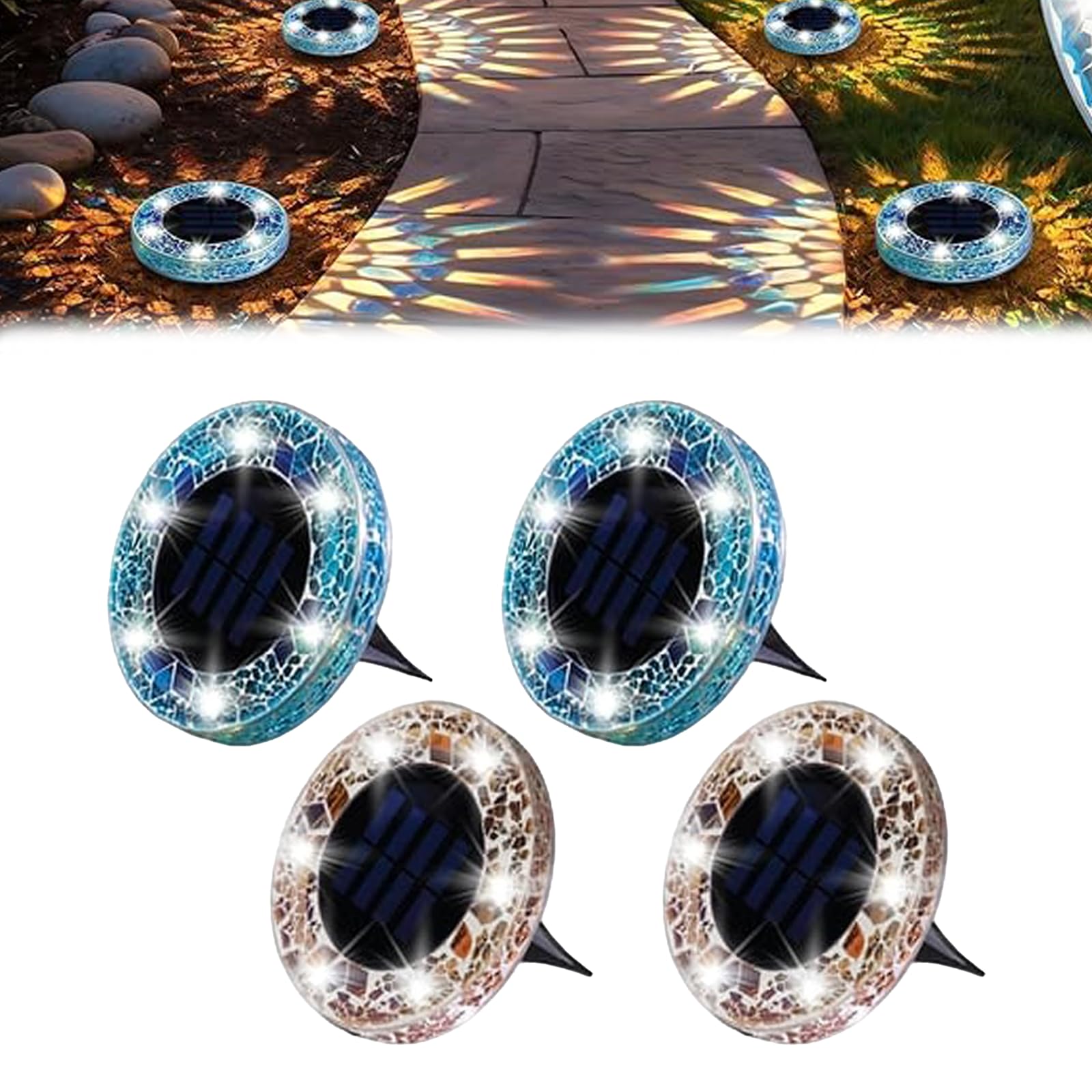 Miepkvl Mosaic Solar Disk Light, Solar Ground Disk Lights, Waterproof Garden Flat Solar Floor Light, Mosaic LED Garden Stake Lighting Auto On/Off for Walkway, Patio & Lawn (Blue+Yellow,4PC)