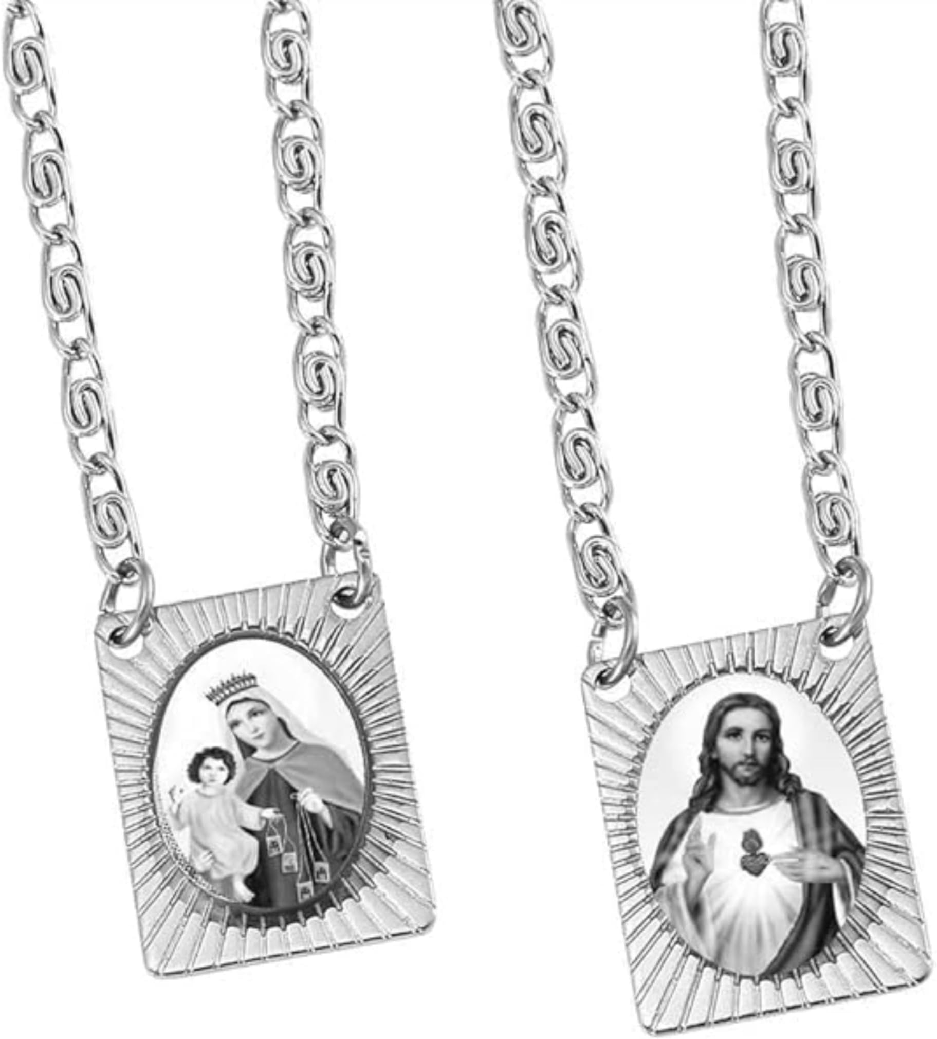 Scapulars I Sacred Heart of Jesus & Our Lady of Mount Carmel Medals I Stainless Steel Scapular Necklace for Women & Men - 14 Inch I Religious Necklace - Black & White Icons