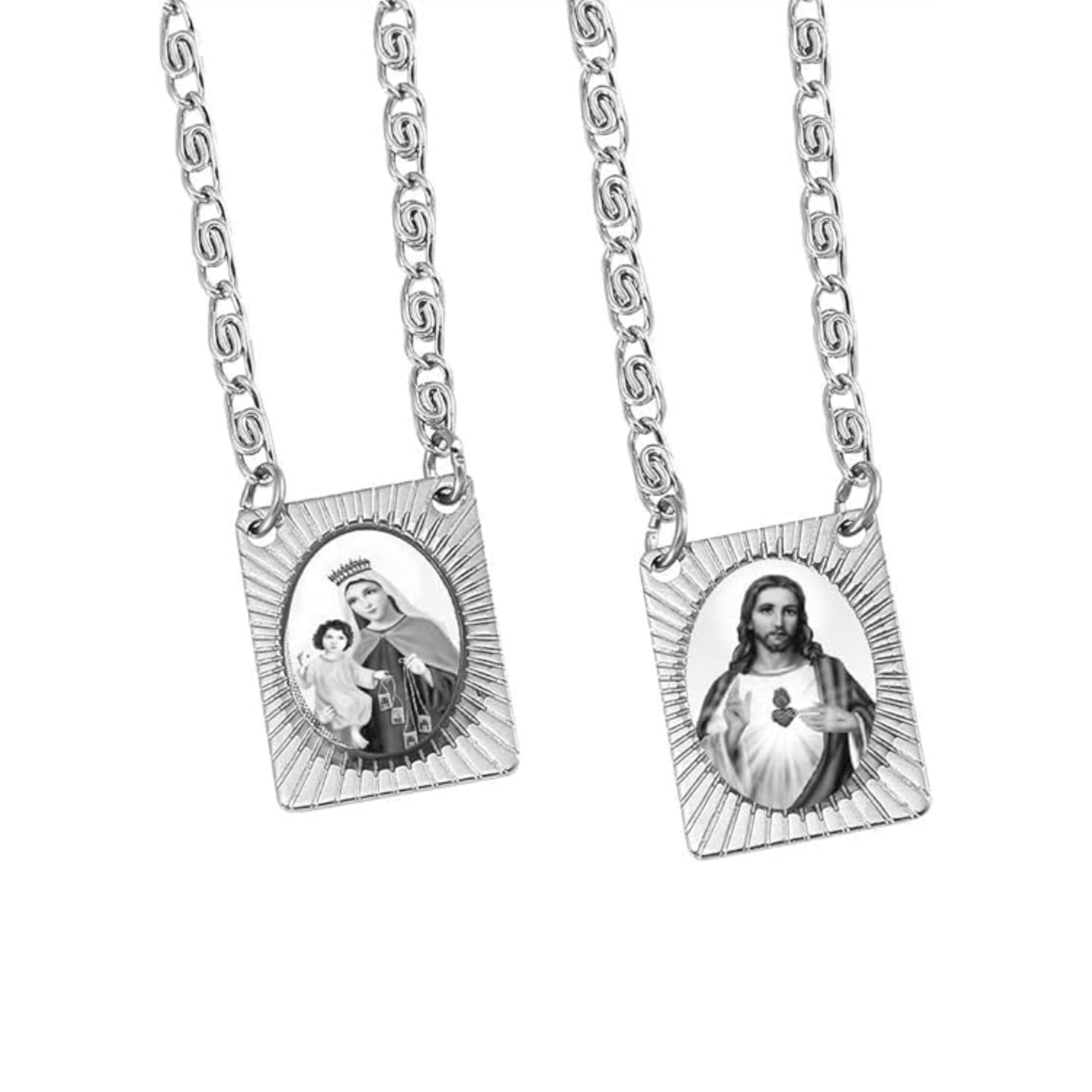 Catholica Shop Stainless Steel Chain and Medal Scapulars with Sacred Heart of Jesus & Our Lady of Mount Carmel Icons Catholic Devotional Religious Necklace for Women & Men - 14 Inch - Escapularios Catolicos