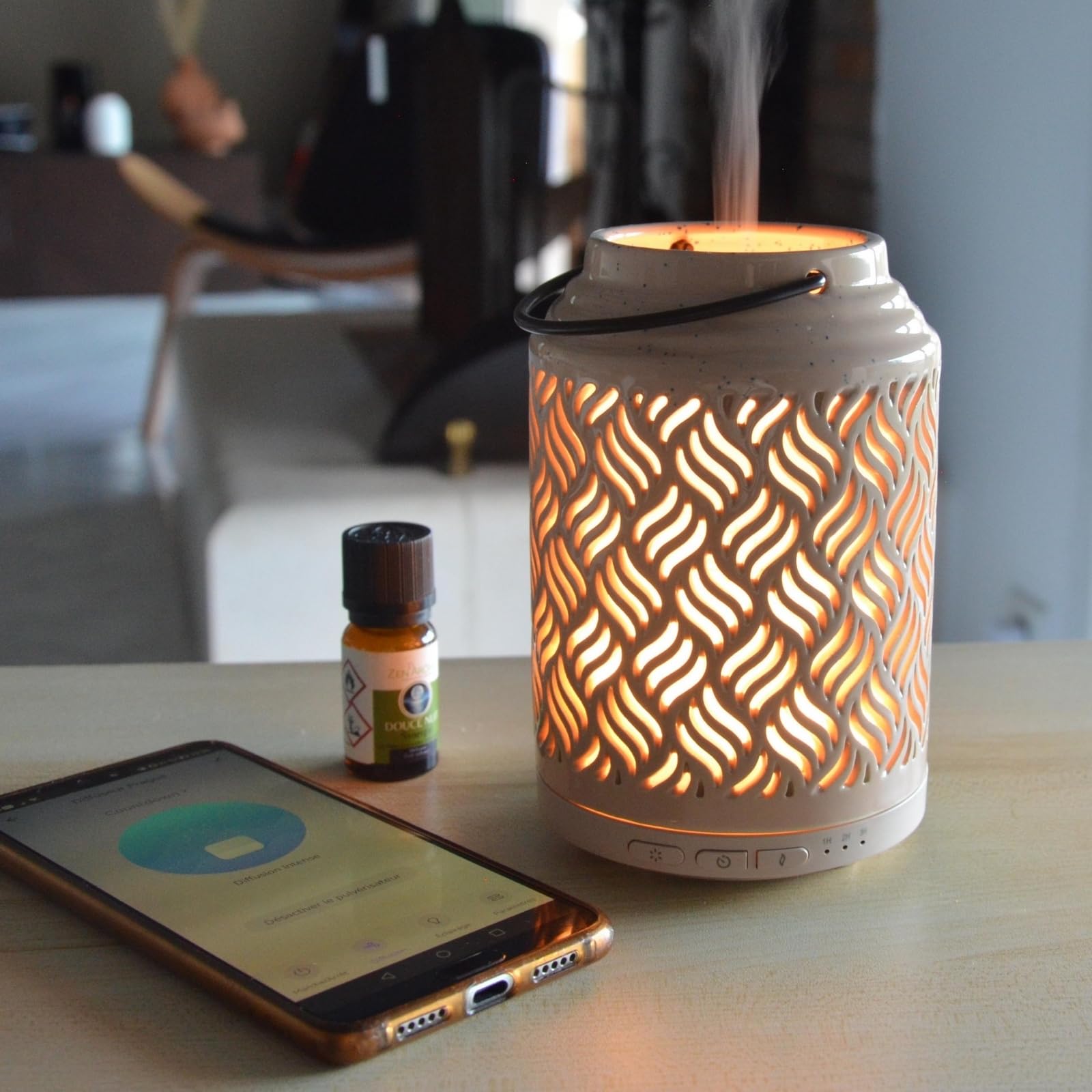 Zen'Arôme Diffusor für ätherisches Öl, WLAN Venedig – elektrischer Diffusor, kompatibel mit Alexa/Google Home – vollständige Kontrolle über die App Tuya Smart – natürliche Materialien Holz und Keramik
