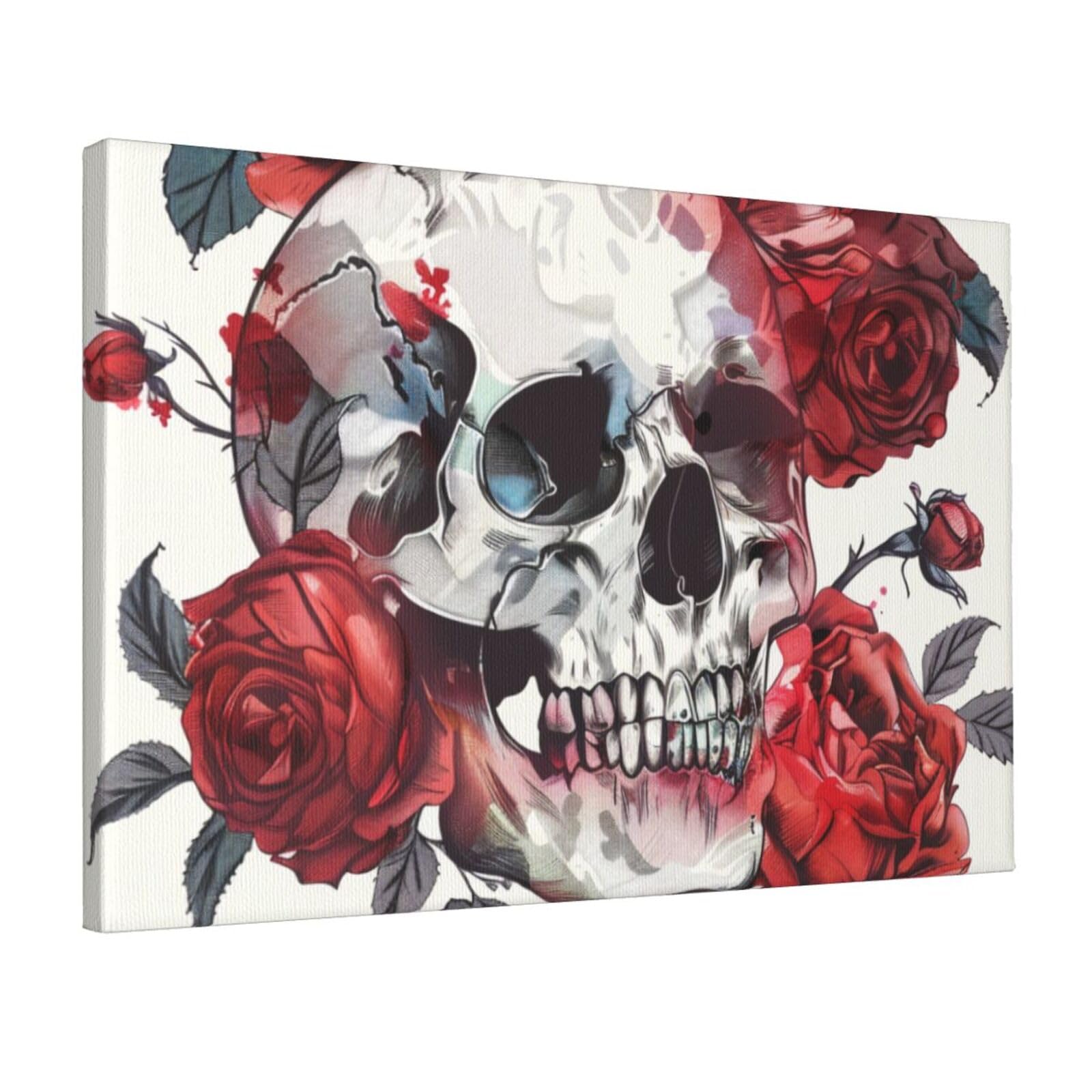 YKLJG Floral Skull Printed Wall Art Canvas Prints 45x30 CM Wooden Framed Picture Painting Artwork for Bedroom Kitchen Home Office Decor