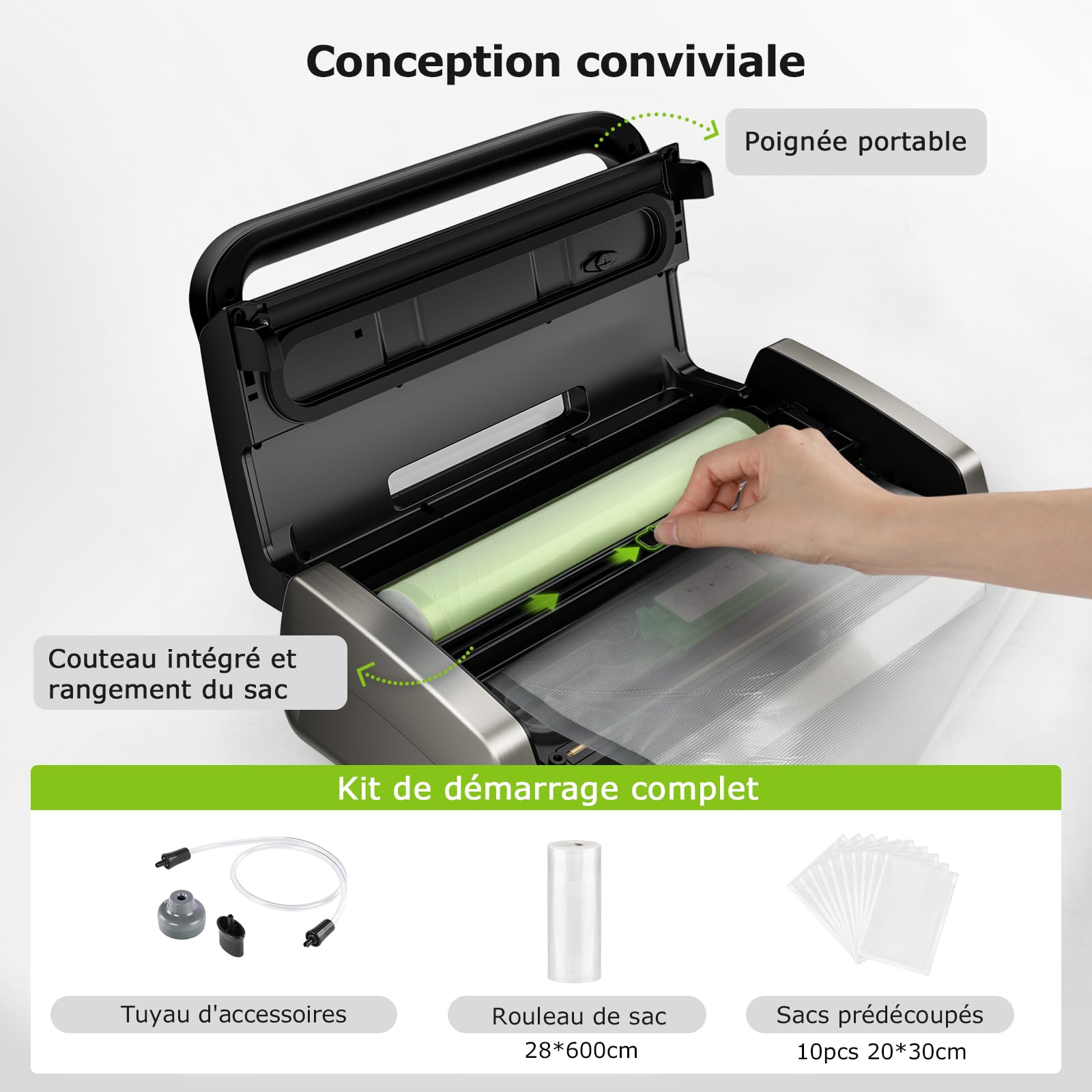 Bonsenkitchen Machine Sous Vide Alimentaire, Puissante et Silencieuse, Technologie Globefish pour un Travail Continu, Conception avec Poignée Verrouillée, Cutter Intégré, Noir