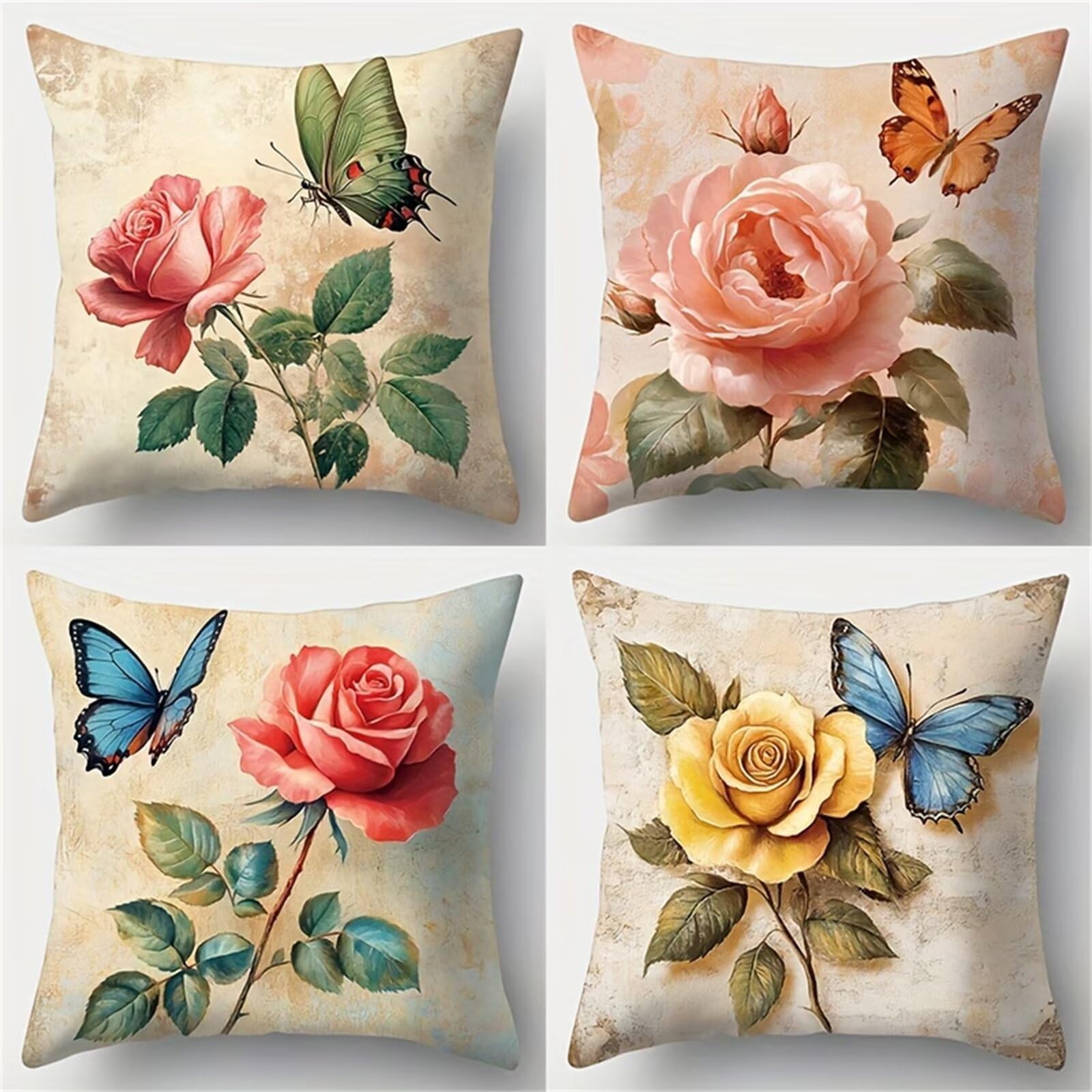 QiHon Cushion Covers 60x60 cm Set of 4 Rose Butterfly Linen Square Pillow Cases 24x24 inch Modern Decorative Throw Pillow Covers for Sofa Couch Bedroom Home Office with Invisible Zipper