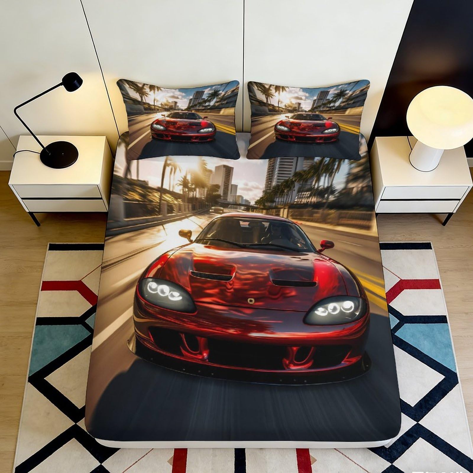3D Printed Sports Car Fitted Sheet Microfiber Deep Pocket Non-Slip Racing Car Mattress Fitted Cover Bedroom Bedding for All Ages 200x200x25cm