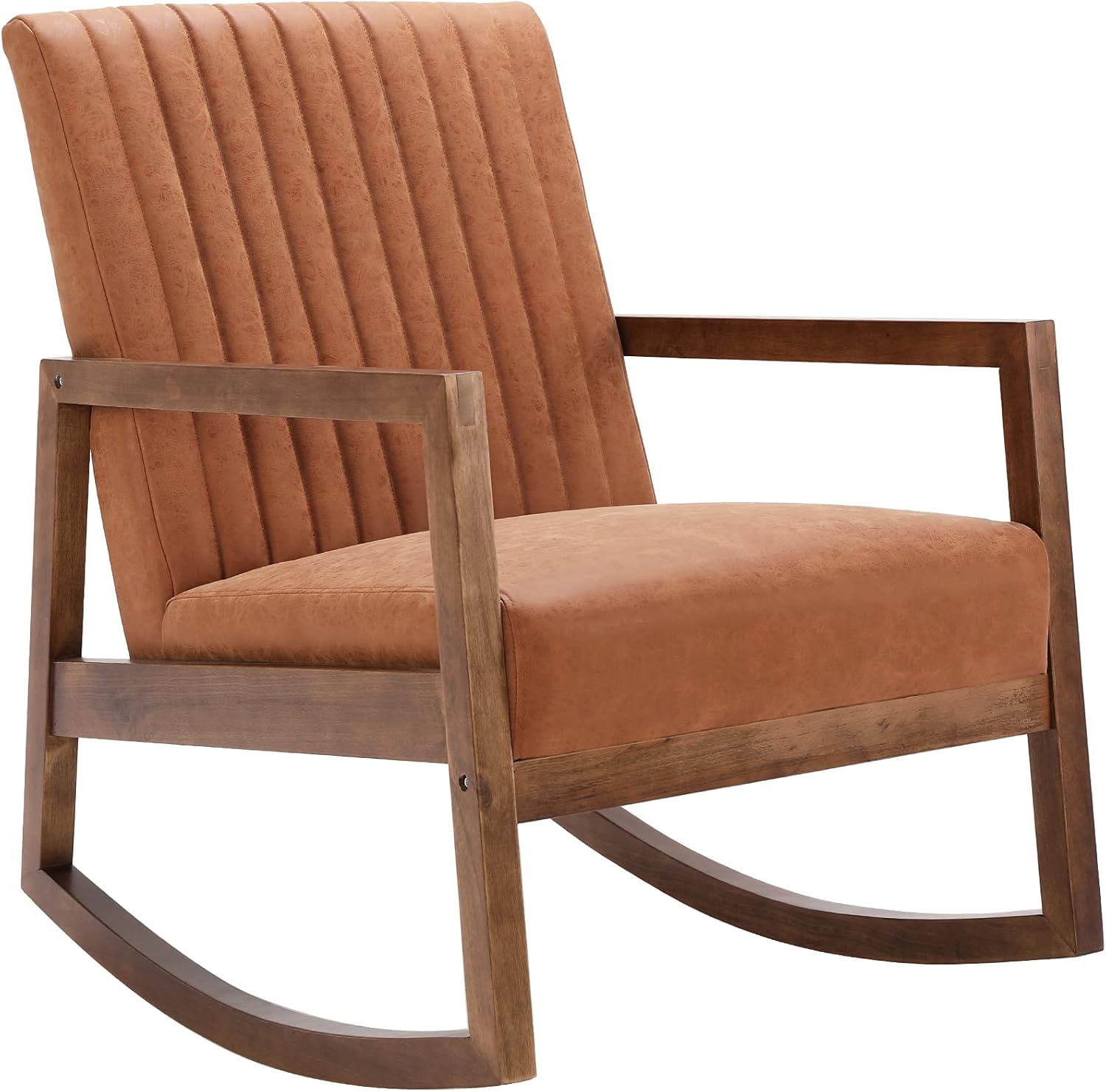 Mid Century Rocking Chair with Wood Frames, Faux Leather Upholstered Farmhouse Living Room Chair, for Living Room Bedroom, Burnt Orange