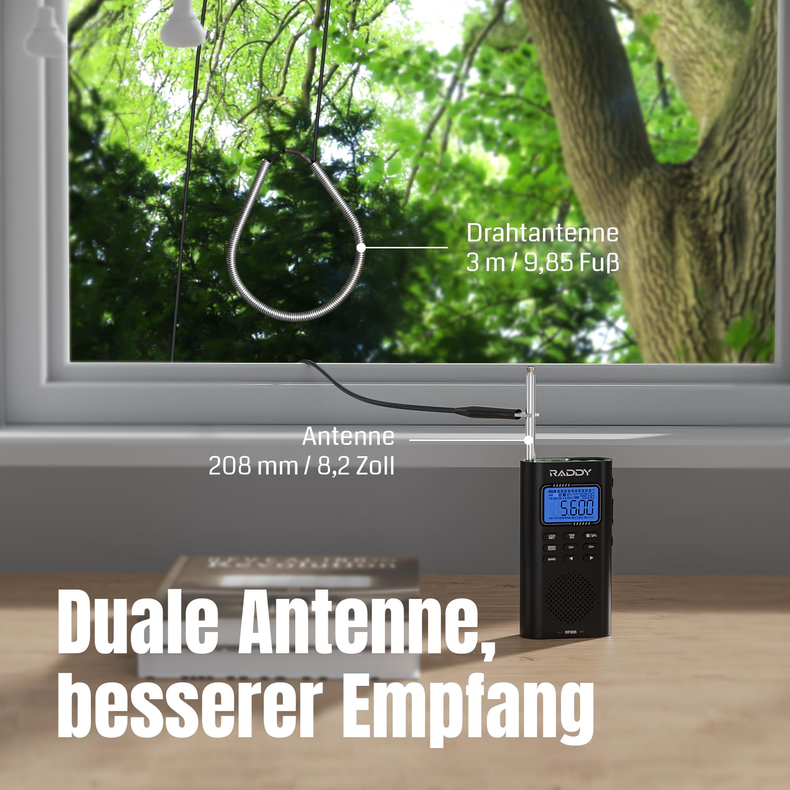 Raddy RF886 Tragbares Kurzwellenradio Kleines AM/FM/SW/UKW-Radio Digitalradio, Radio Batteriebetrieben und BT-Lautsprecher, 3 M Externe Antenne