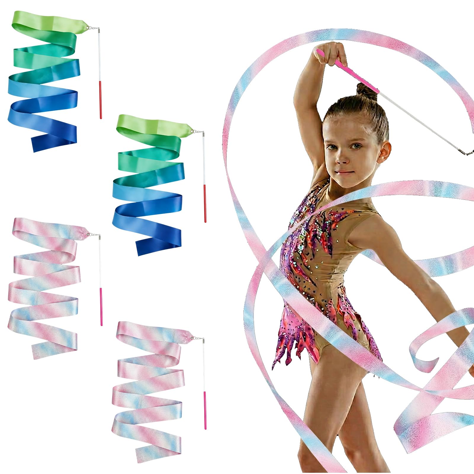 Tacitmeet 4 Pcs Gymnastics Ribbon for Kids, 78.7 Inch Colorful Dance Ribbons for Children with Red and Pink Wand, Dancing Ribbon Streamers for Talent Shows, Artistic Dancing, Baton Twirling