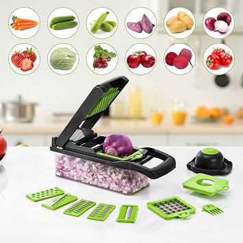 15-in-1 Vegetable Slicer,Mandoline Slicer - Multi-Function Kitchen Vegetable & Fruit CutterOnion Potato SaladCutter with Drain BasketHand Guard and Cleaning Brush (Gray-Green)