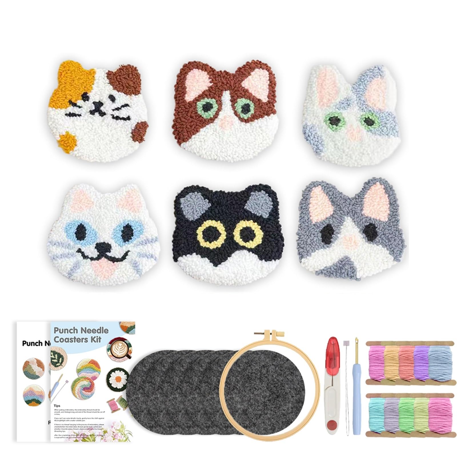 1set Punch Needle Coaster Kit Yarns and Sewing Coasters Kits for Beginners DIY Tufted Rug Pads with Adhesive Felt Embroidery for DIY(Color5)