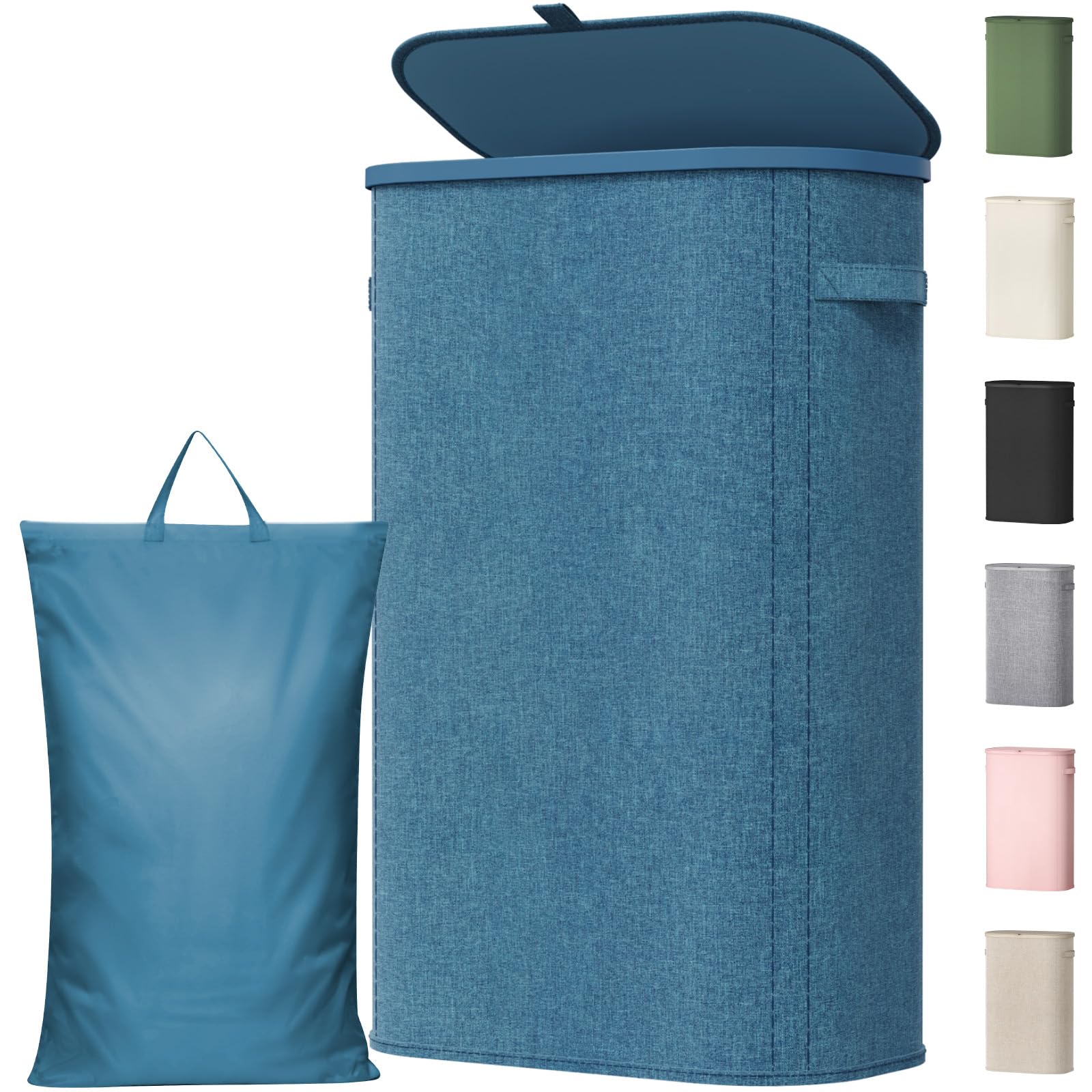 Lifewit 65L Laundry Basket with Lid, Slim Washing Basket with Handles and Bag, Large Foldable Dirty Clothes Organiser with Plastic Frame for Laundry Room, Bedroom, Bathroom, Blue