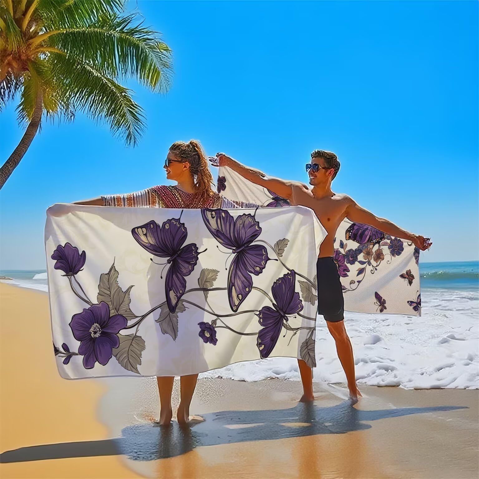 Ręcznik plażowy XXL 100 x 200 cm, fioletowy ręcznik z mikrofibry chłonny motyl szybkoschnący, odporny na piasek, kompaktowy, lekki ręcznik plażowy z zatrzaskiem, wzór do sauny basenowej, model 454