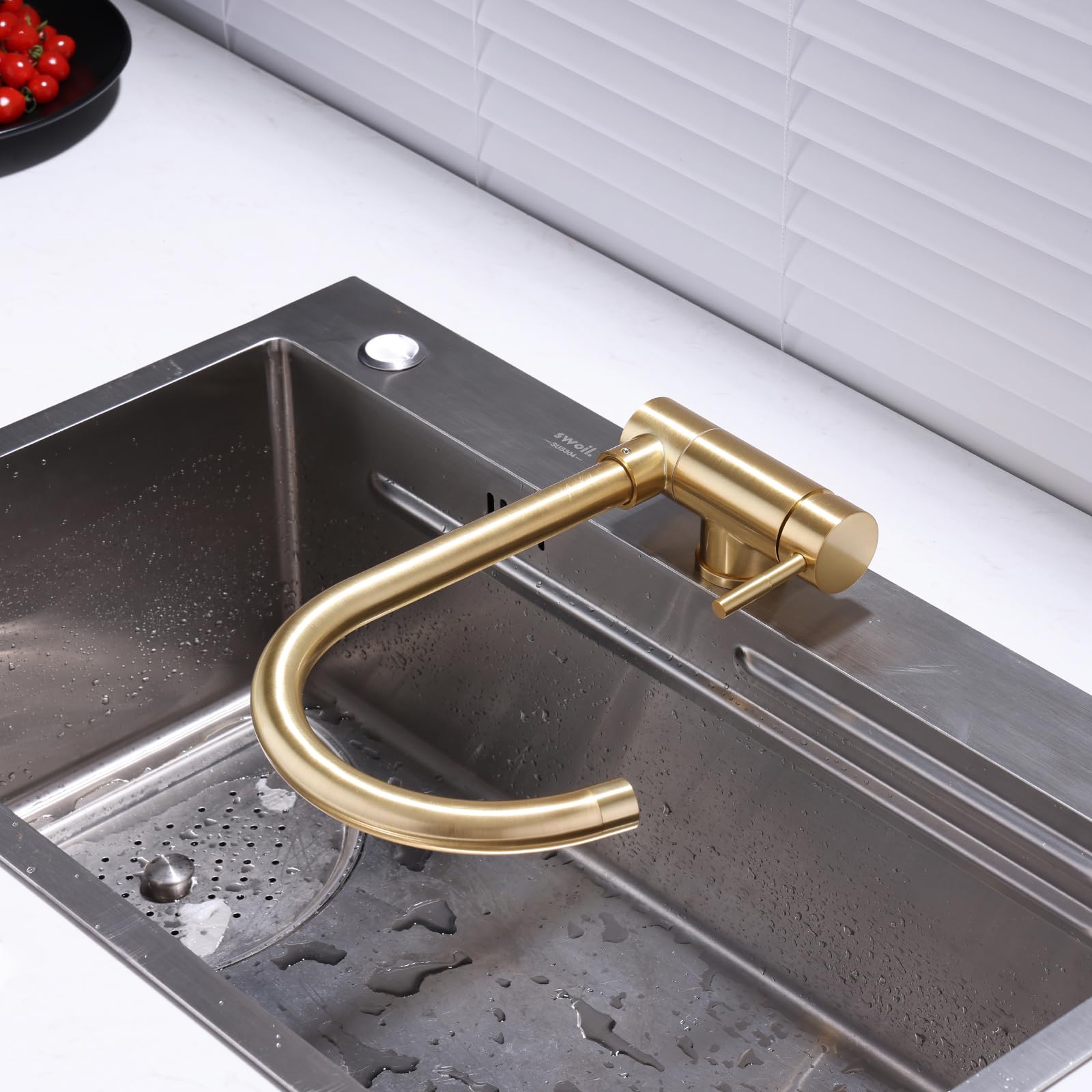 XJTNLB Rubinetto Sottofinestra Miscelatore Cucina Oro Spazzolato Miscelatore da Cucina Canna Collo di Cigno Miscelatore Abbattibile Cucina