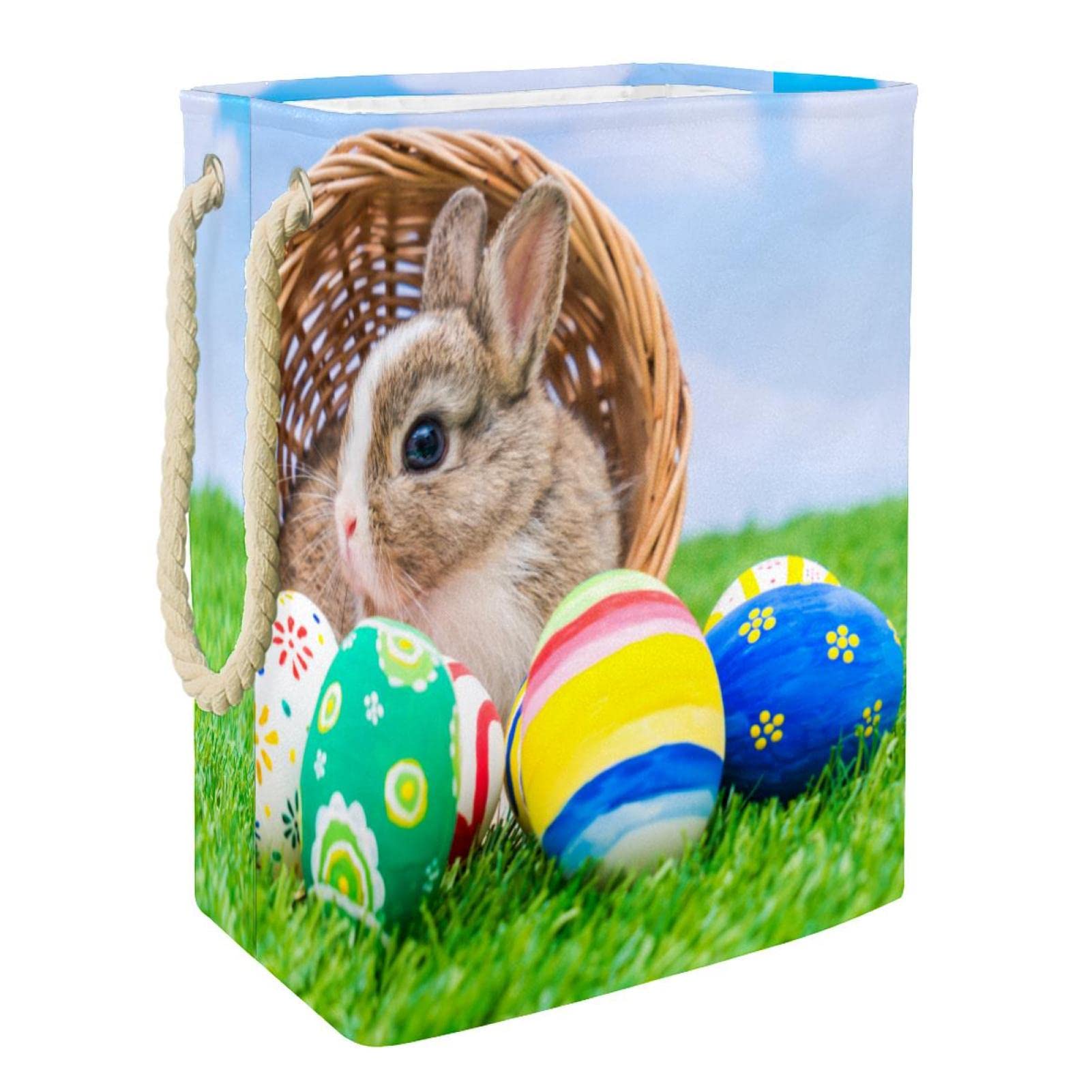 Grand panier à linge avec poignées motif lapin de Pâques robuste