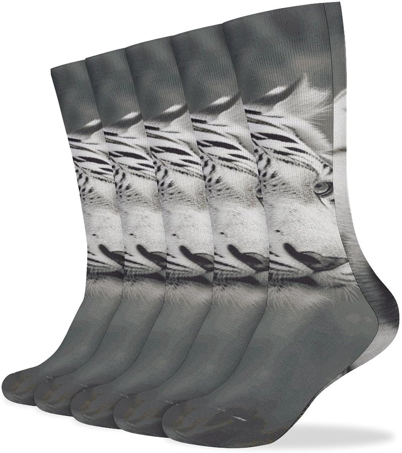 5-Pack Knee High Socks, 15.7 Inch Breathable Casual Socks White Tiger Stockings for Men Women