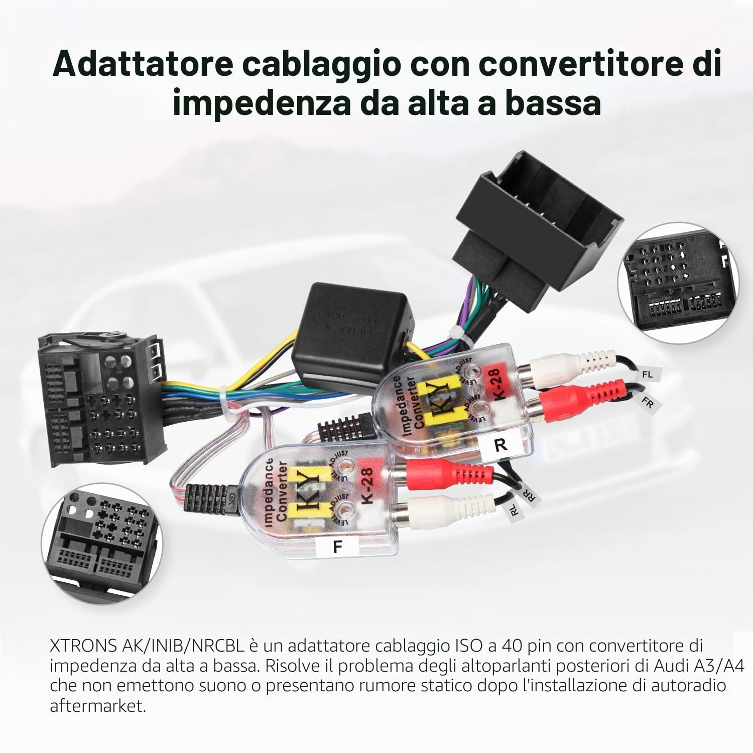 XTRONS Cavo adattatore per cablaggio ISO per auto, con convertitore ad impedenza da alta a bassa, lettore radio stereo Android compatibile con Au-di A3 A4