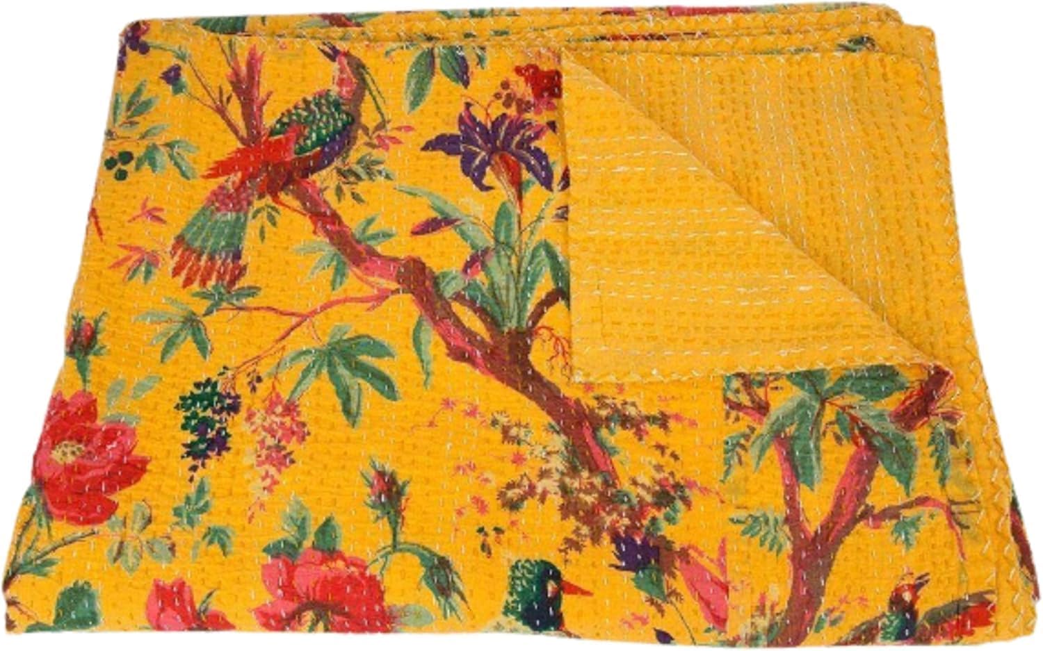 Handmade Twin Size Pure Cotton Bedspread Queen Size Quilt Kantha Stitch Kantha Quilt Cover Reversible Throw Quilt Bedroom Home Bedding Decor Quilts, 60x90 inch. (Beige Multicolor)